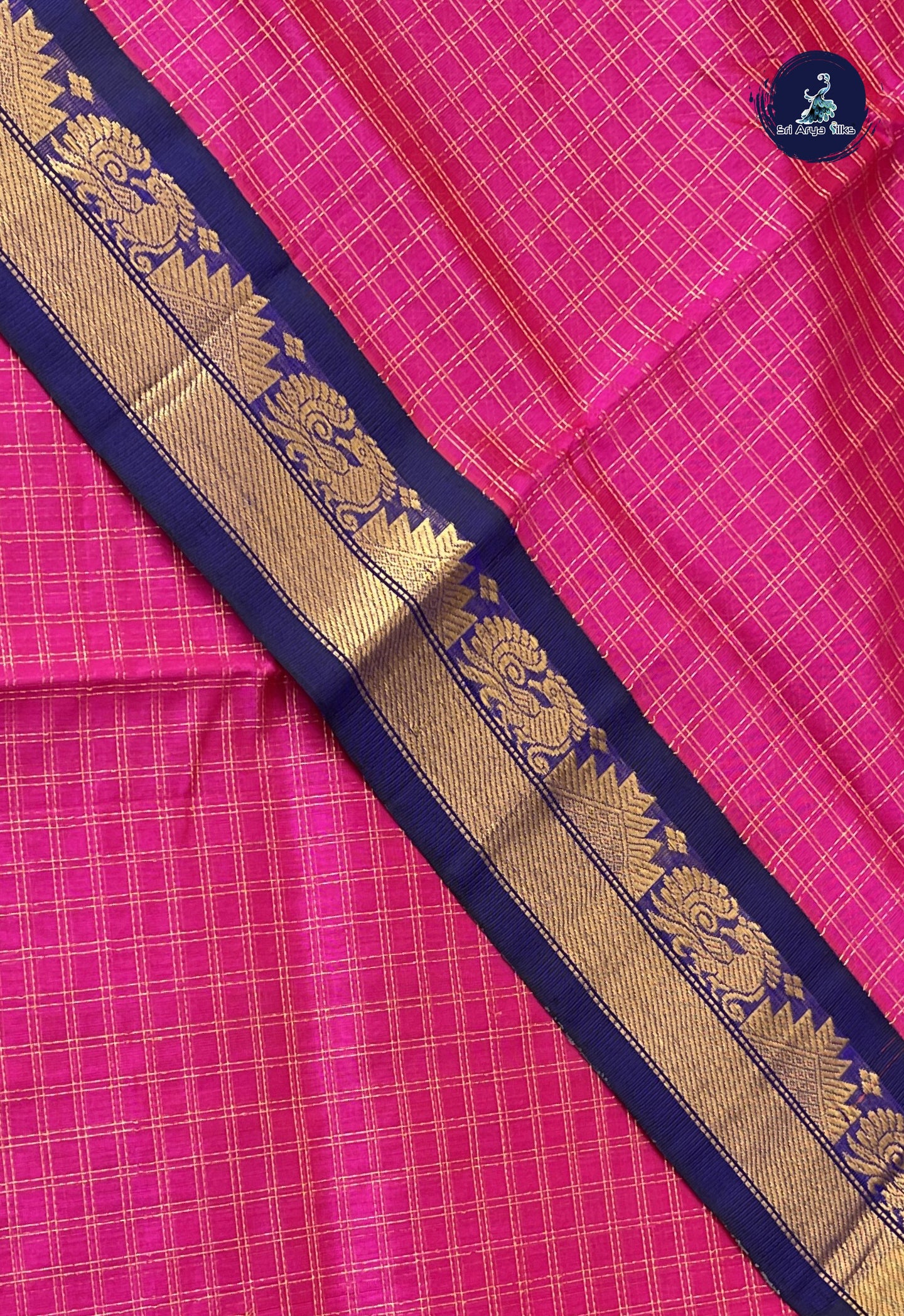Rani Pink Korvai Silk Cotton Saree With Zari Checked Pattern