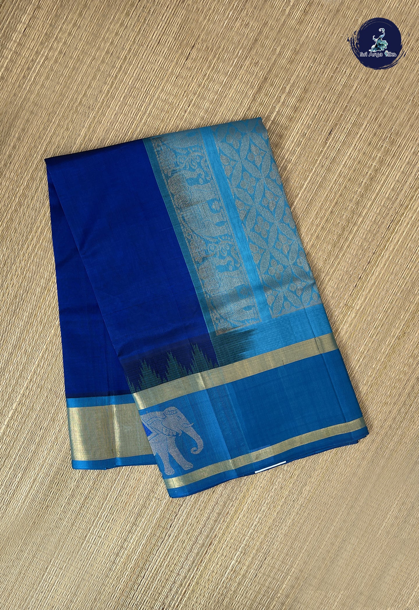 Dark Blue Korvai Silk Cotton Saree With Plain Pattern