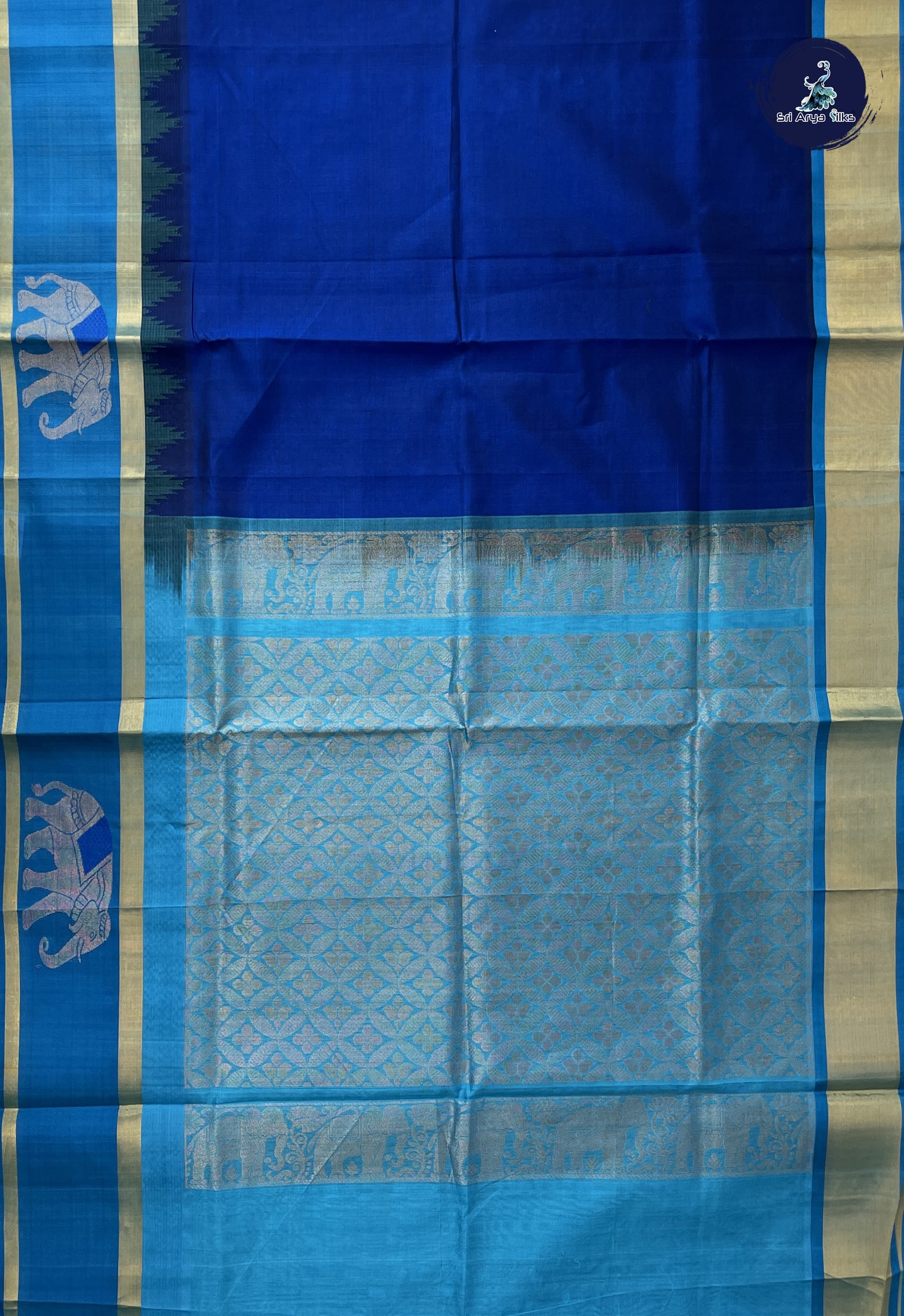 Dark Blue Korvai Silk Cotton Saree With Plain Pattern
