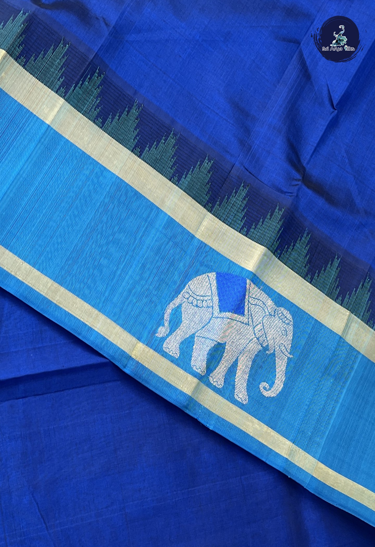 Dark Blue Korvai Silk Cotton Saree With Plain Pattern