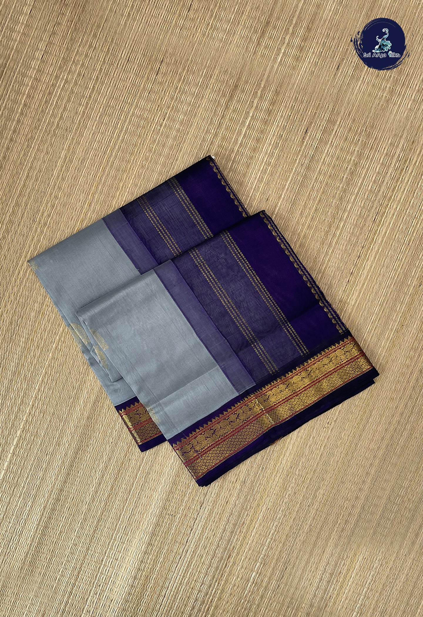 Grey Korvai Silk Cotton Saree With Zari Buttas Pattern