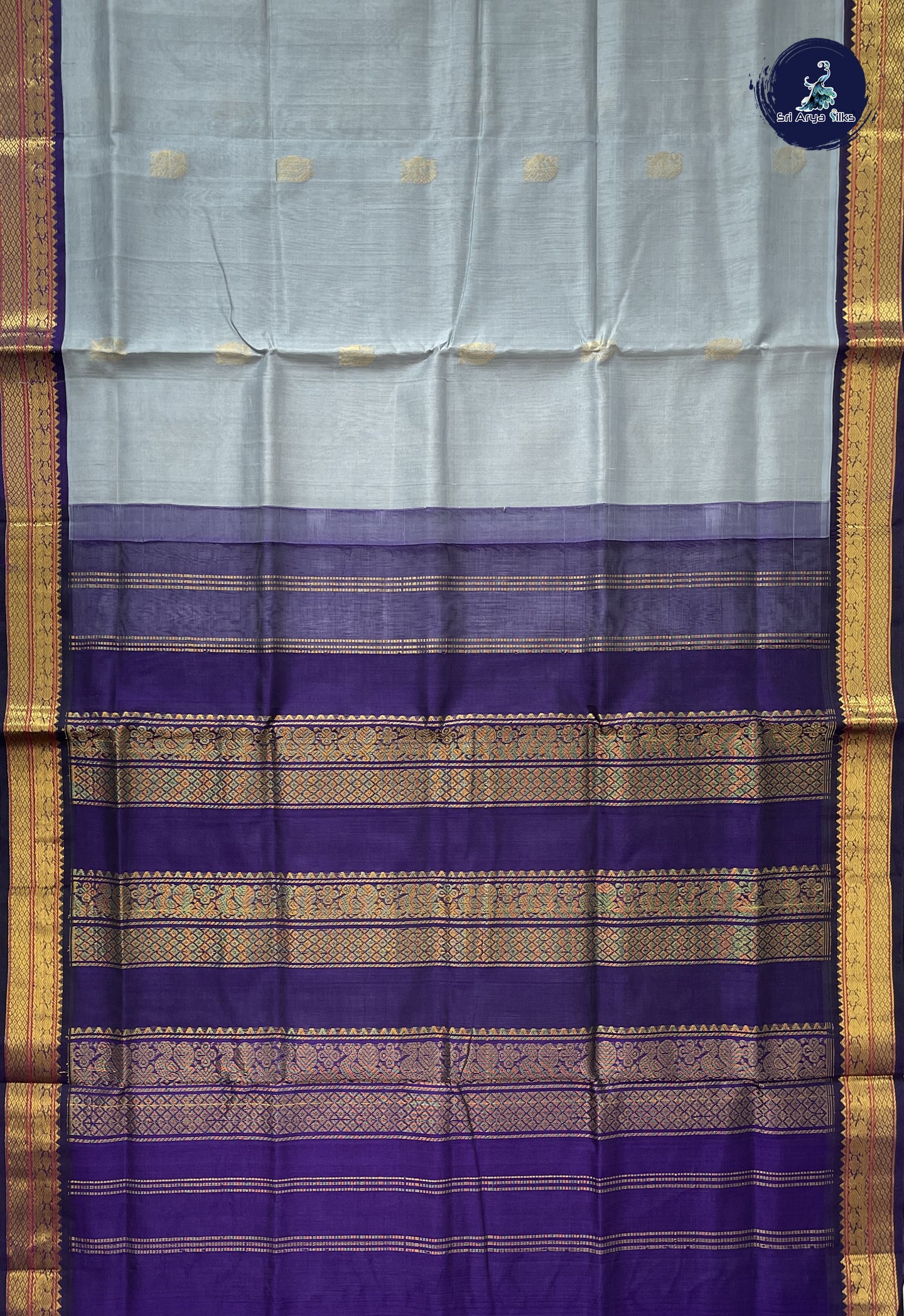 Grey Korvai Silk Cotton Saree With Zari Buttas Pattern