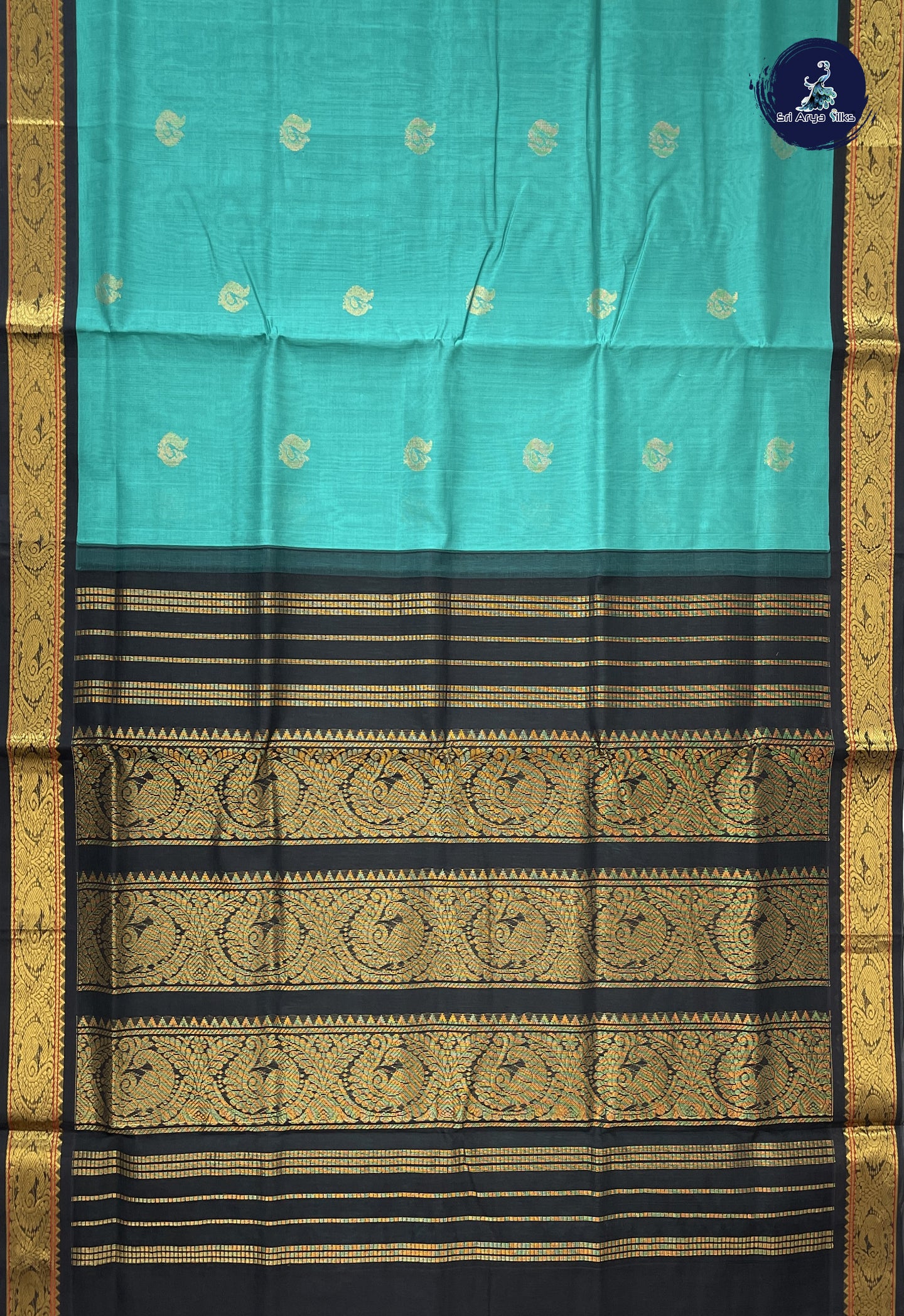 Teal Korvai Silk Cotton Saree With Zari Buttas Pattern