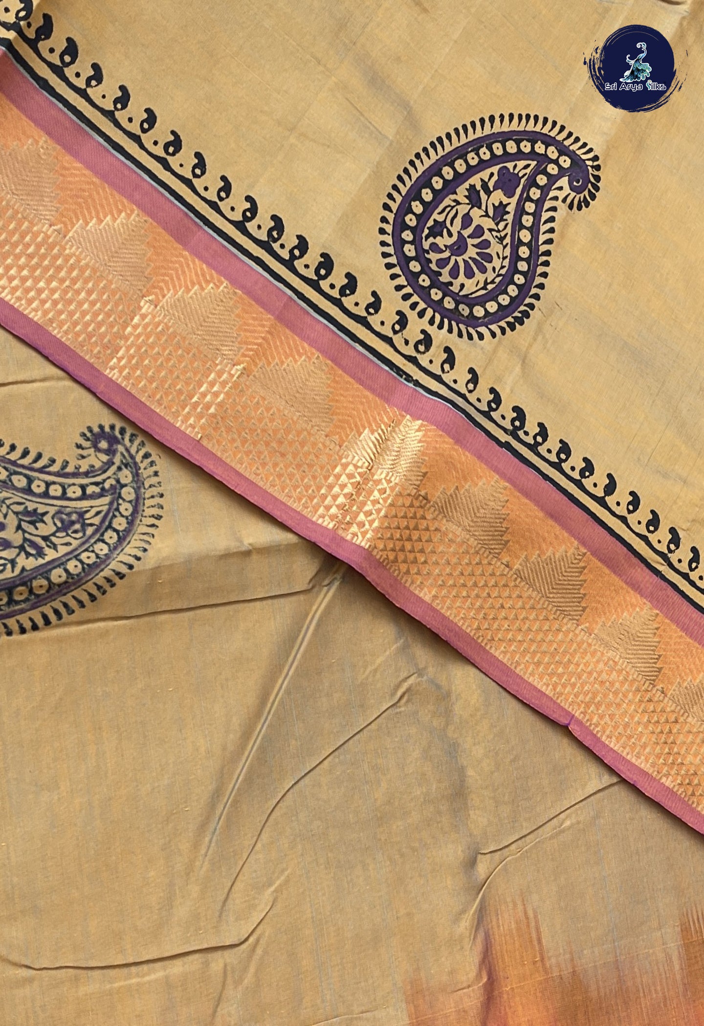 Golden Mustard Semi Silk Cotton Saree With Printed Pattern