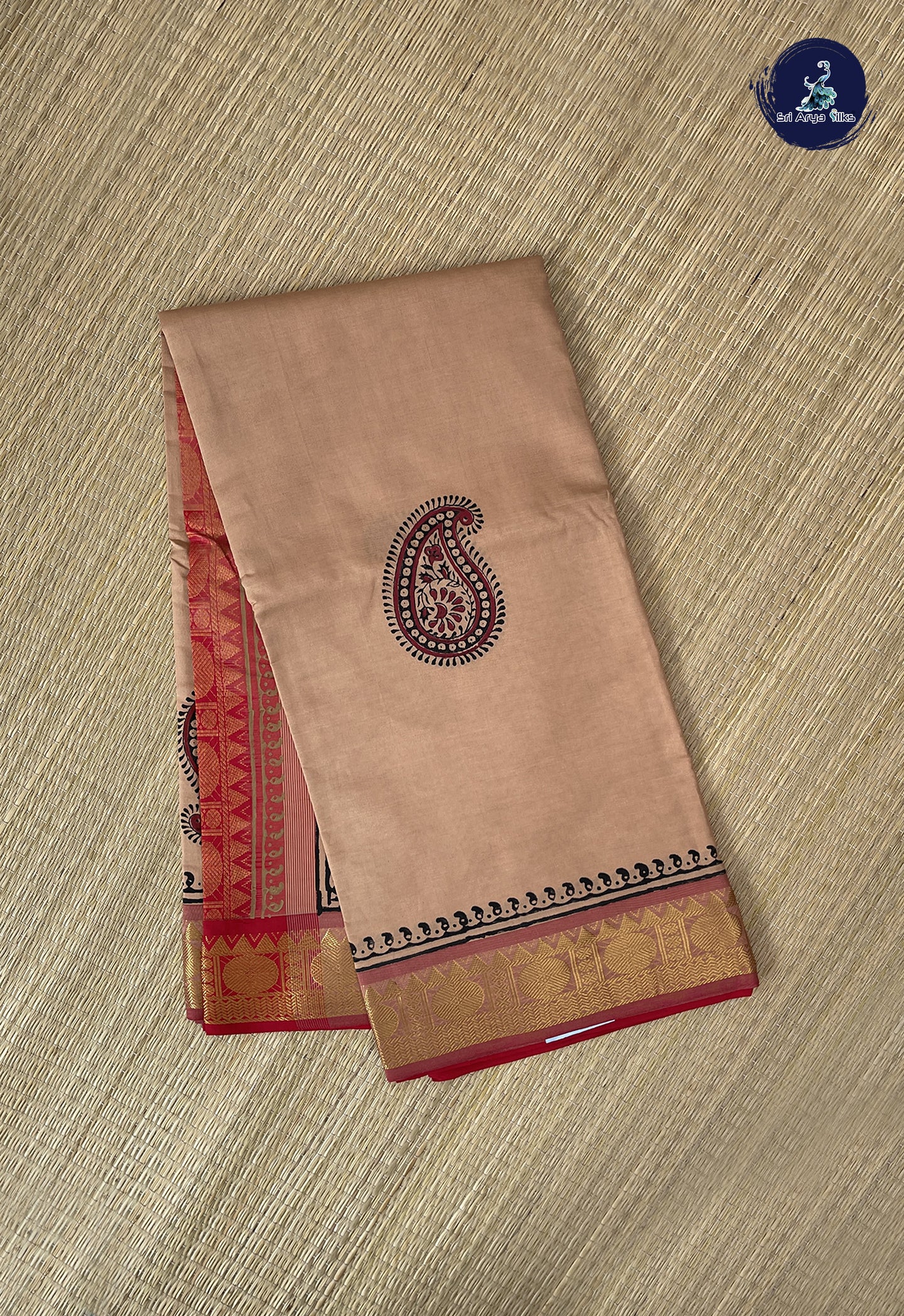 Fawn Semi Silk Cotton Saree With Printed Pattern