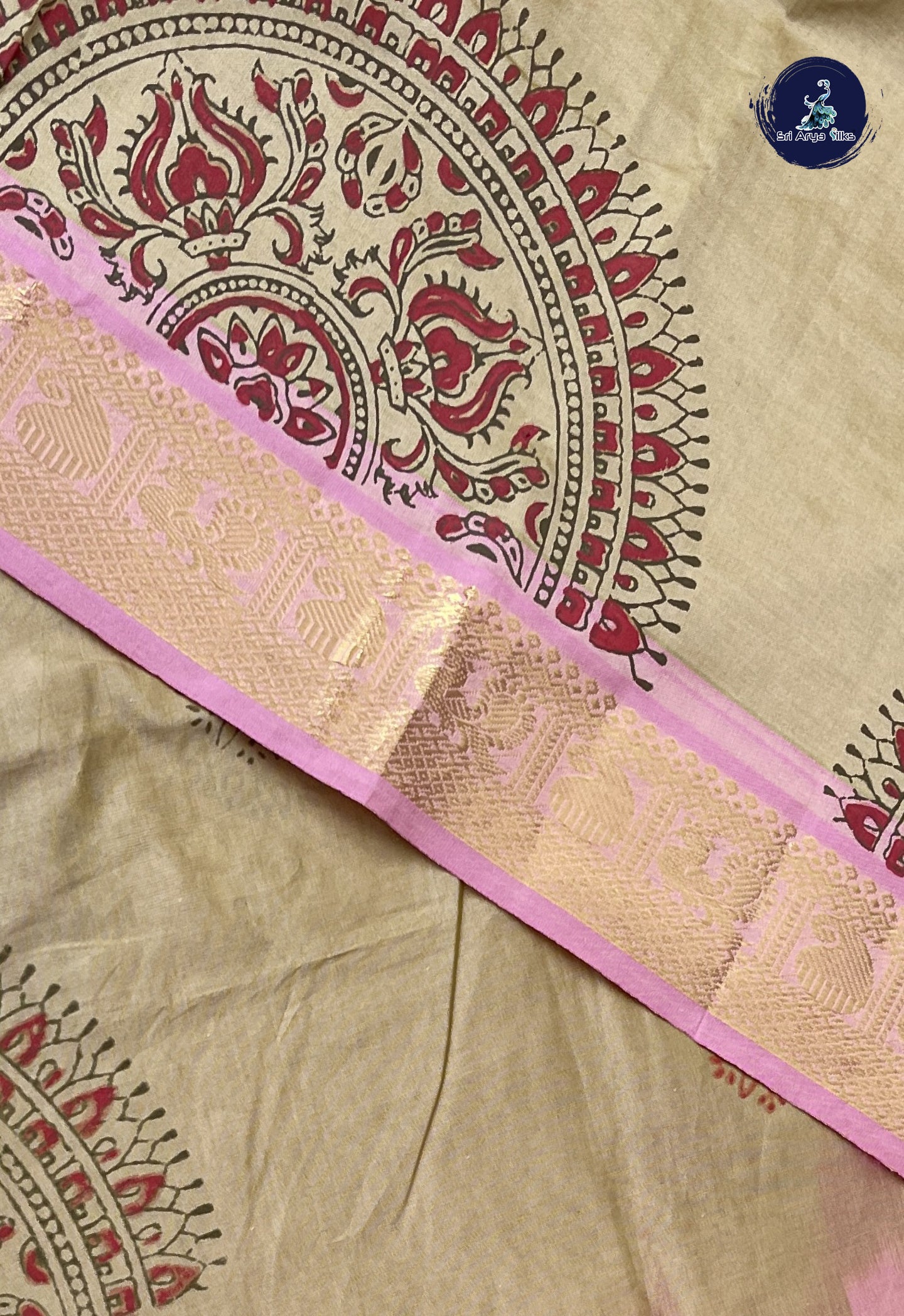 Beige Pink Semi Silk Cotton Saree With Printed Pattern