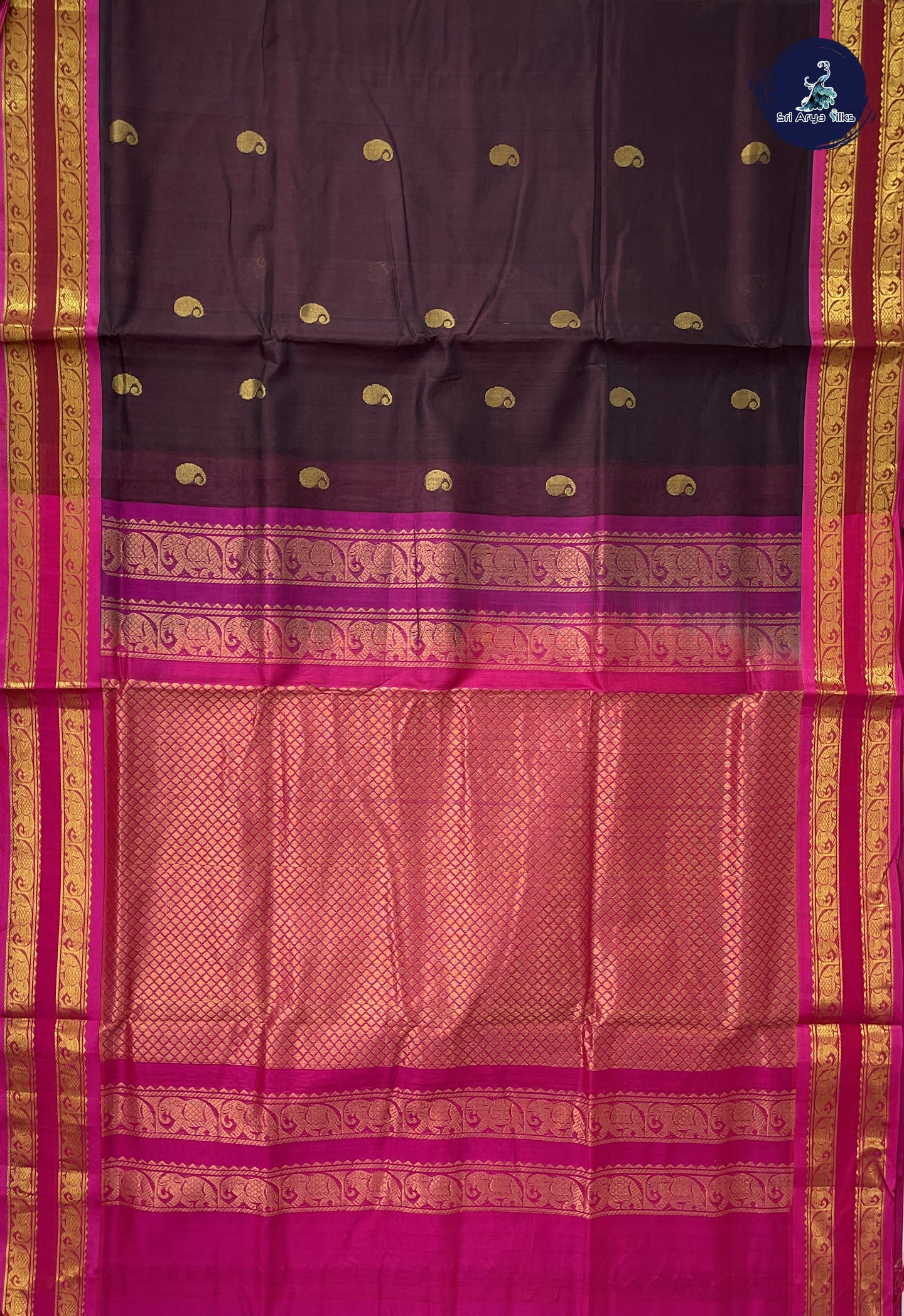 Brown Simple Silk Cotton Saree With Zari Buttas Pattern