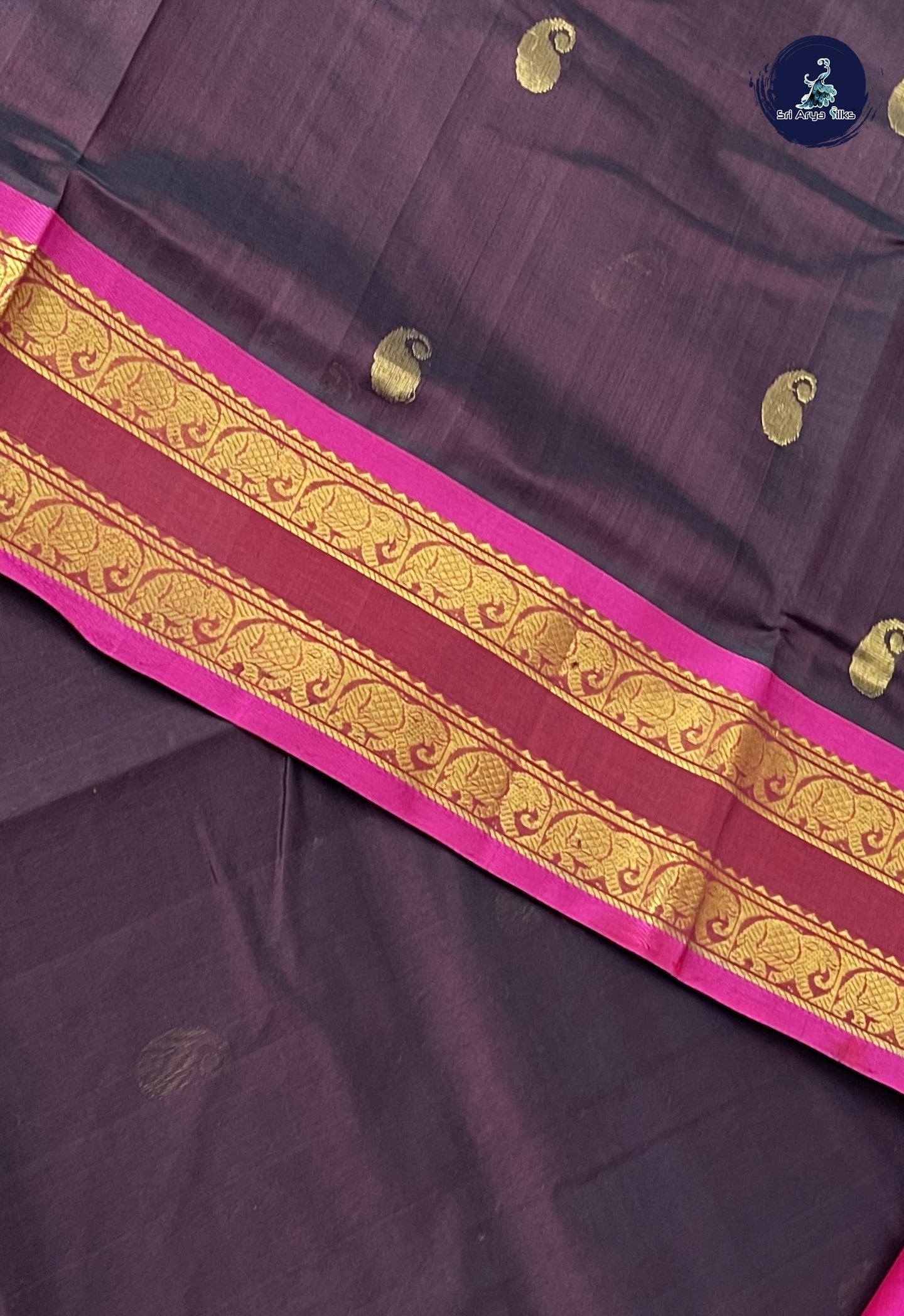 Brown Simple Silk Cotton Saree With Zari Buttas Pattern