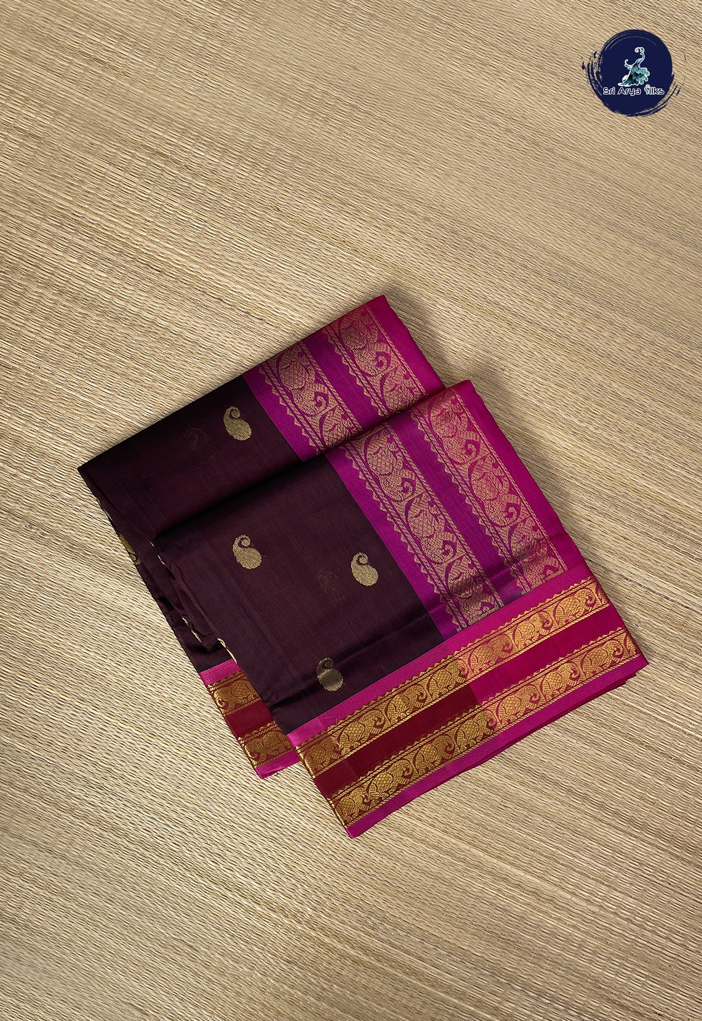 Brown Simple Silk Cotton Saree With Zari Buttas Pattern