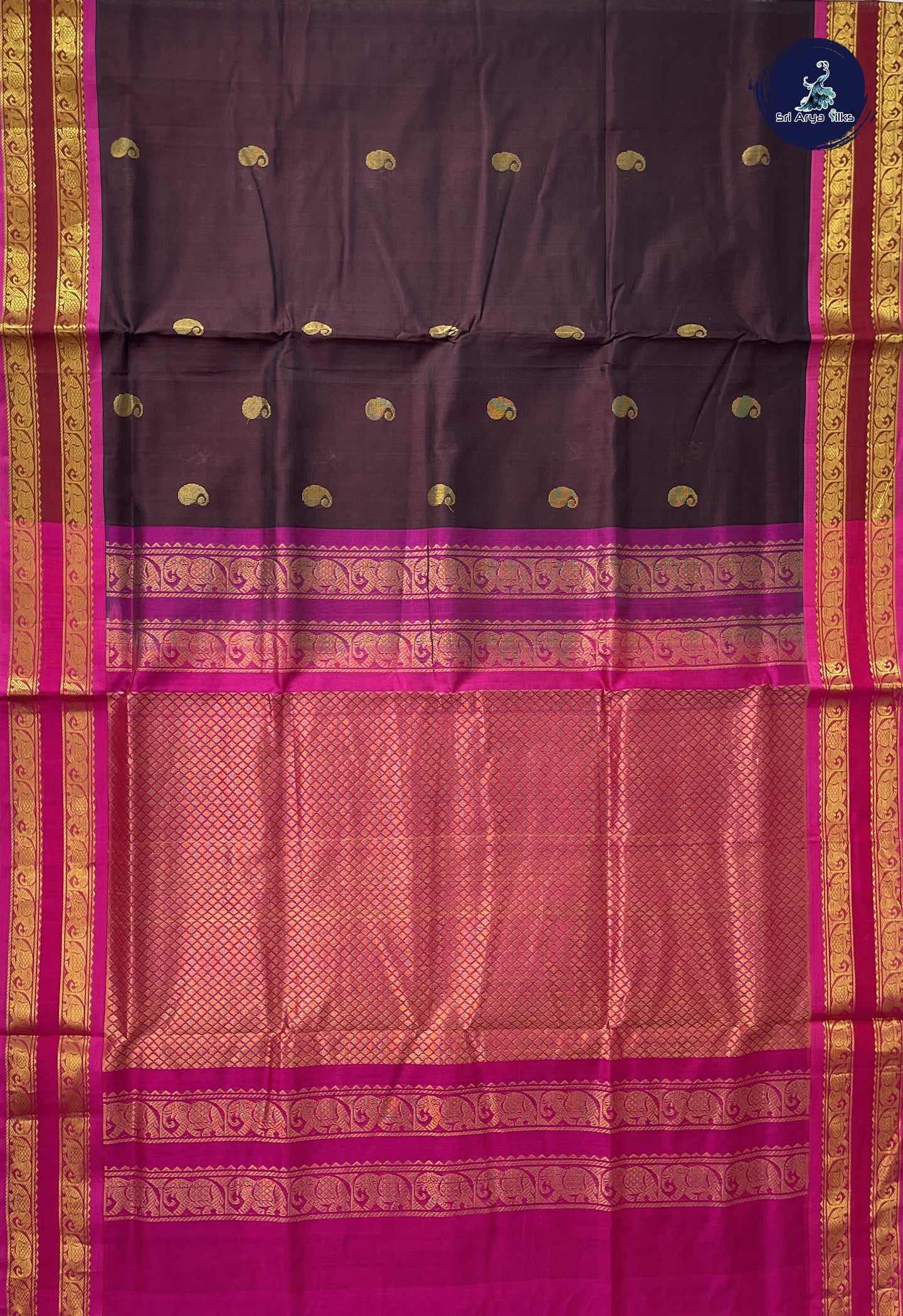 Brown Simple Silk Cotton Saree With Zari Buttas Pattern
