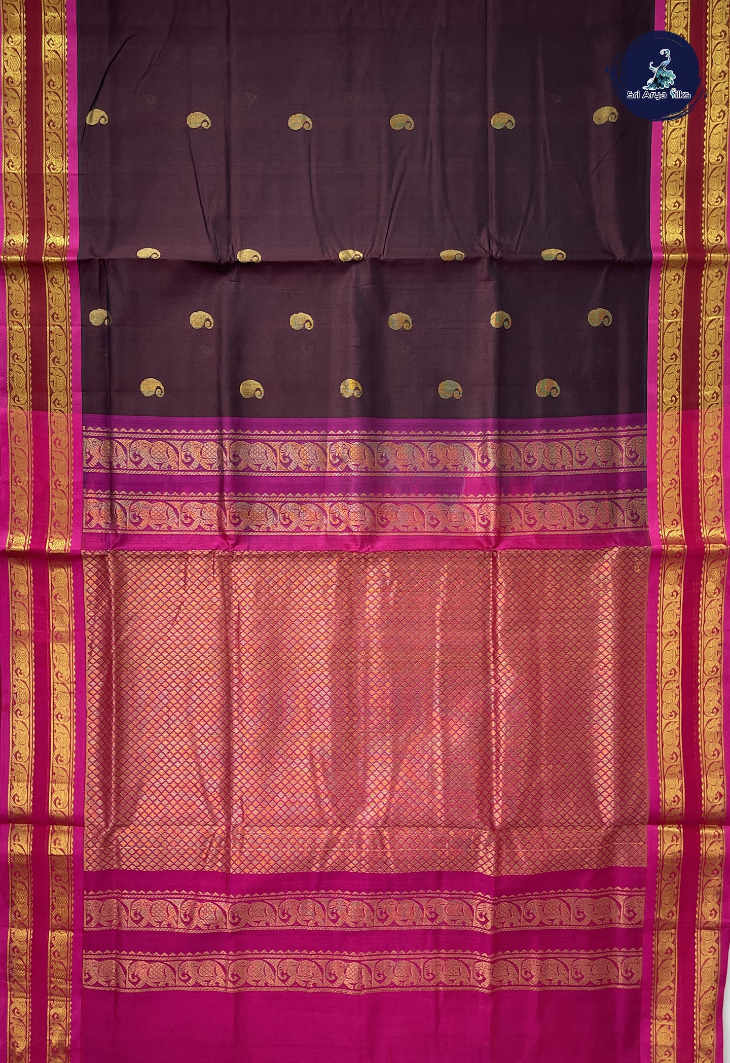 Brown Simple Silk Cotton Saree With Zari Buttas Pattern