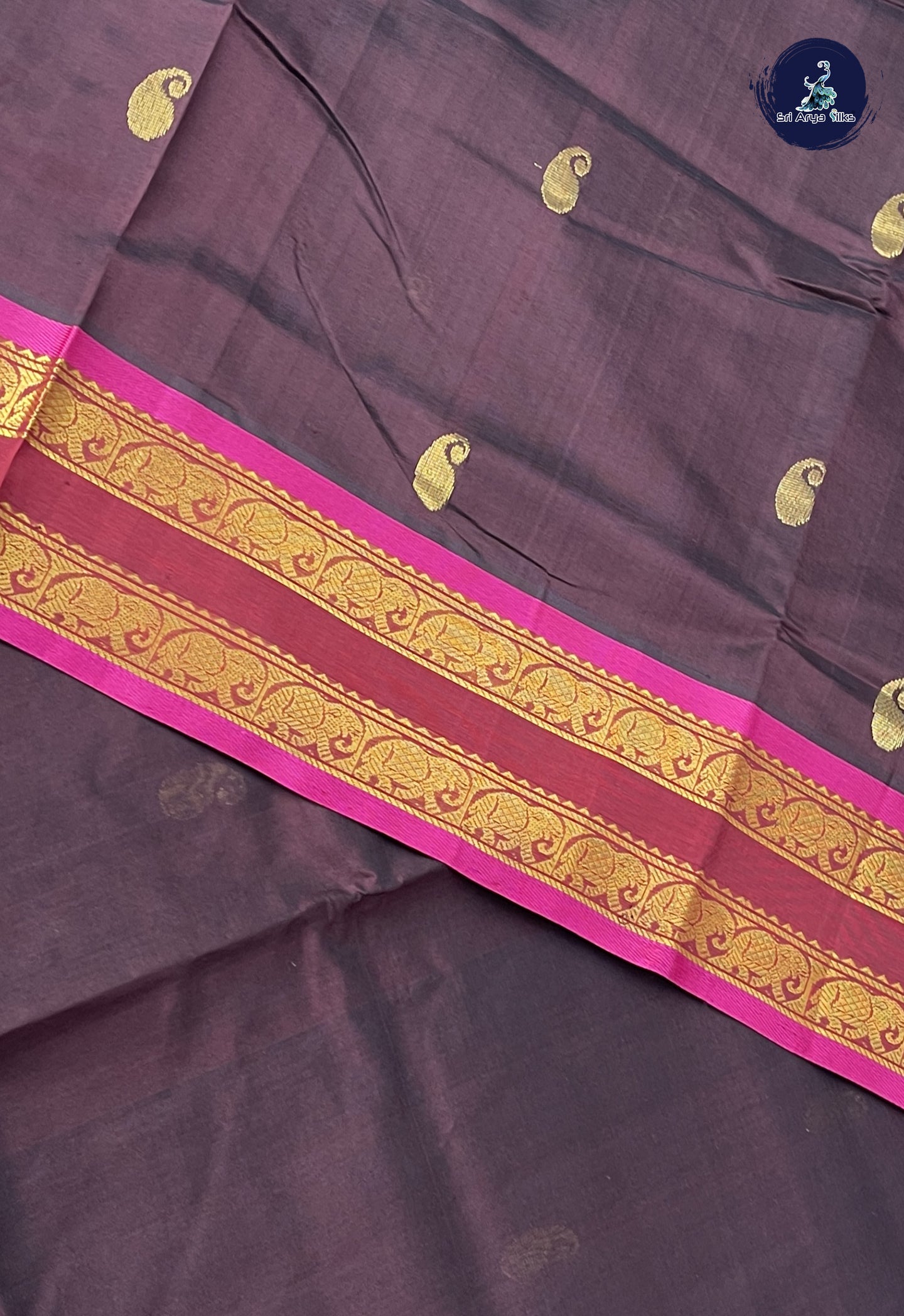 Brown Simple Silk Cotton Saree With Zari Buttas Pattern