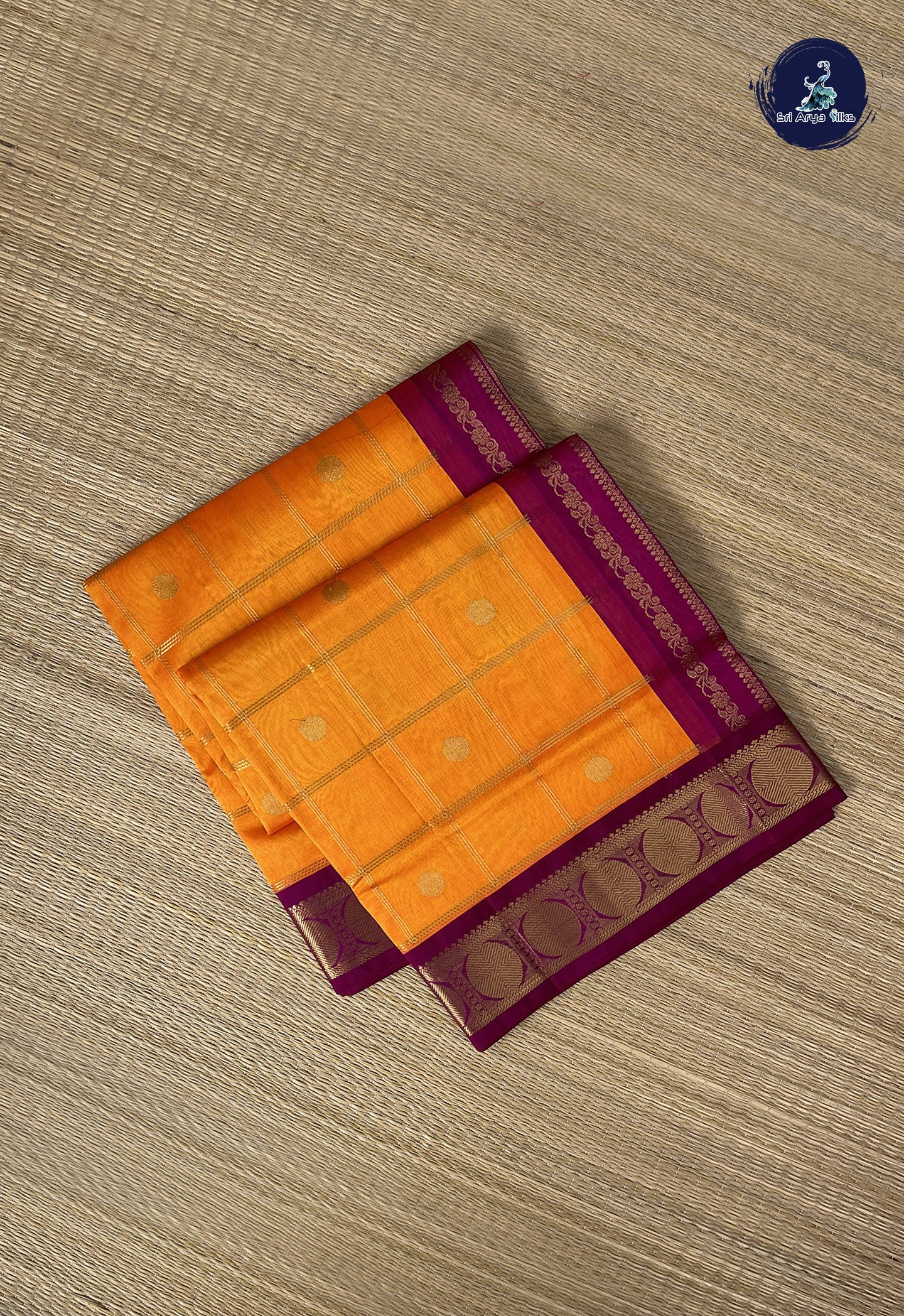 Yellowish Orange Korvai Silk Cotton Saree With Zari Checked Pattern