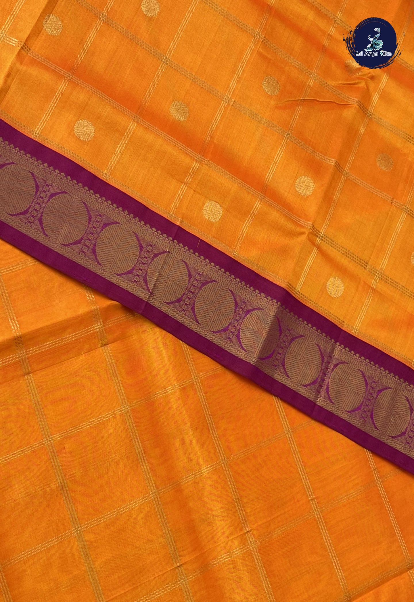 Yellowish Orange Korvai Silk Cotton Saree With Zari Checked Pattern