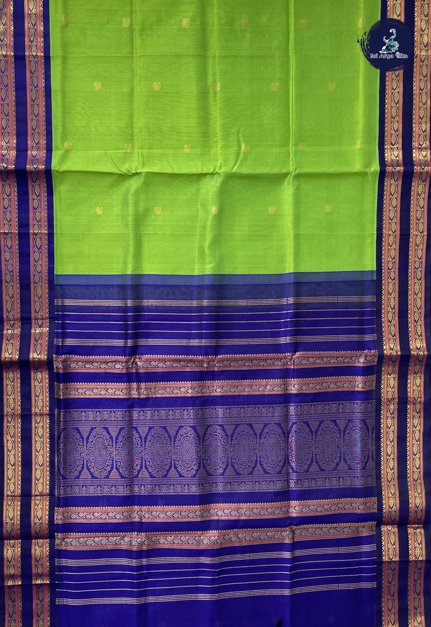 Parrot Green Korvai Silk Cotton Saree With Zari Buttas Pattern