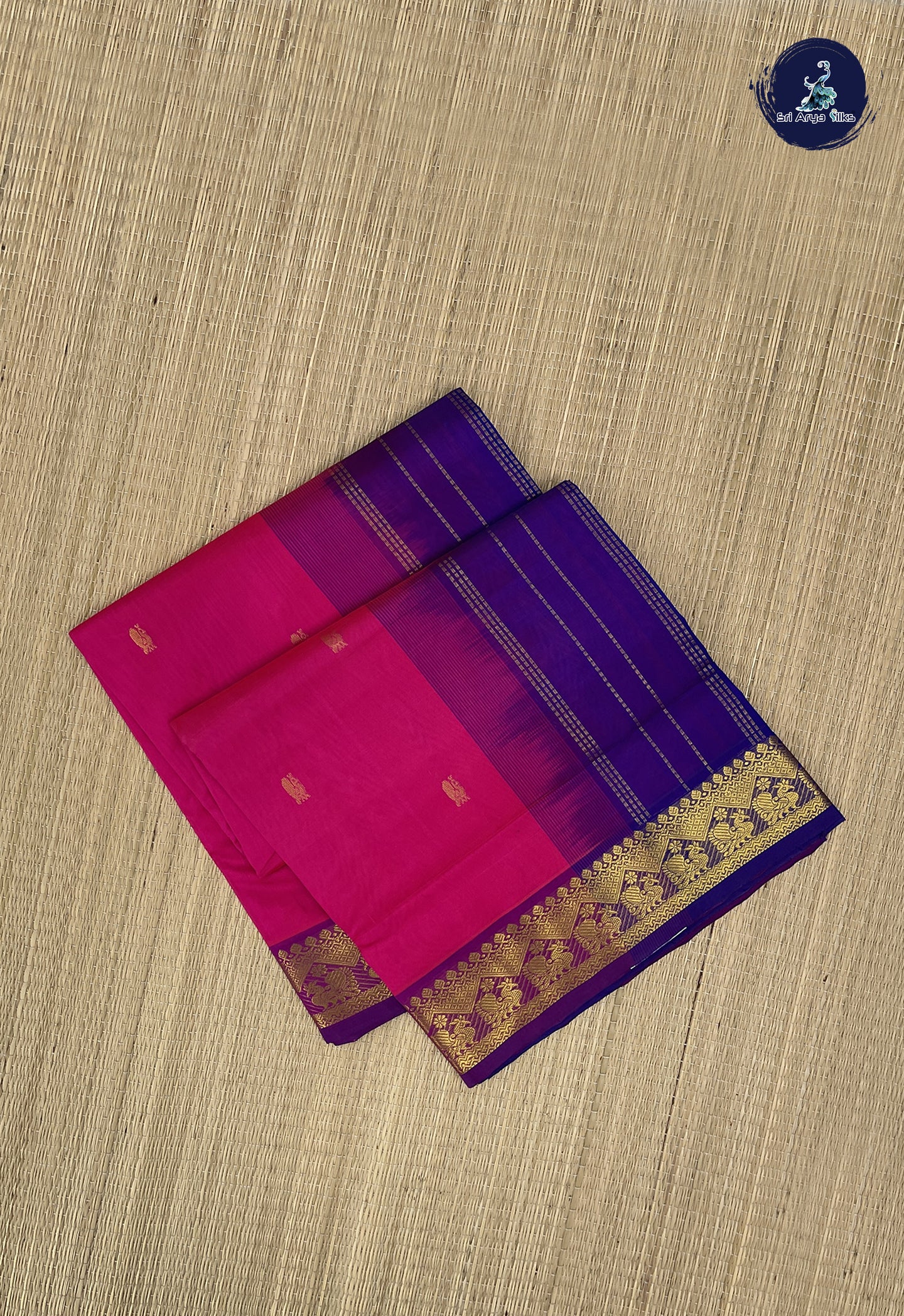 Rani Pink Simple Silk Cotton Saree With Zari Buttas Pattern