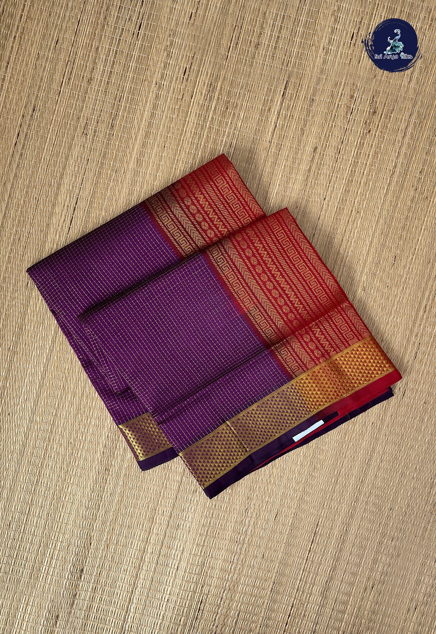 Dark Violet Simple Silk Cotton Saree With Zari Checked Pattern