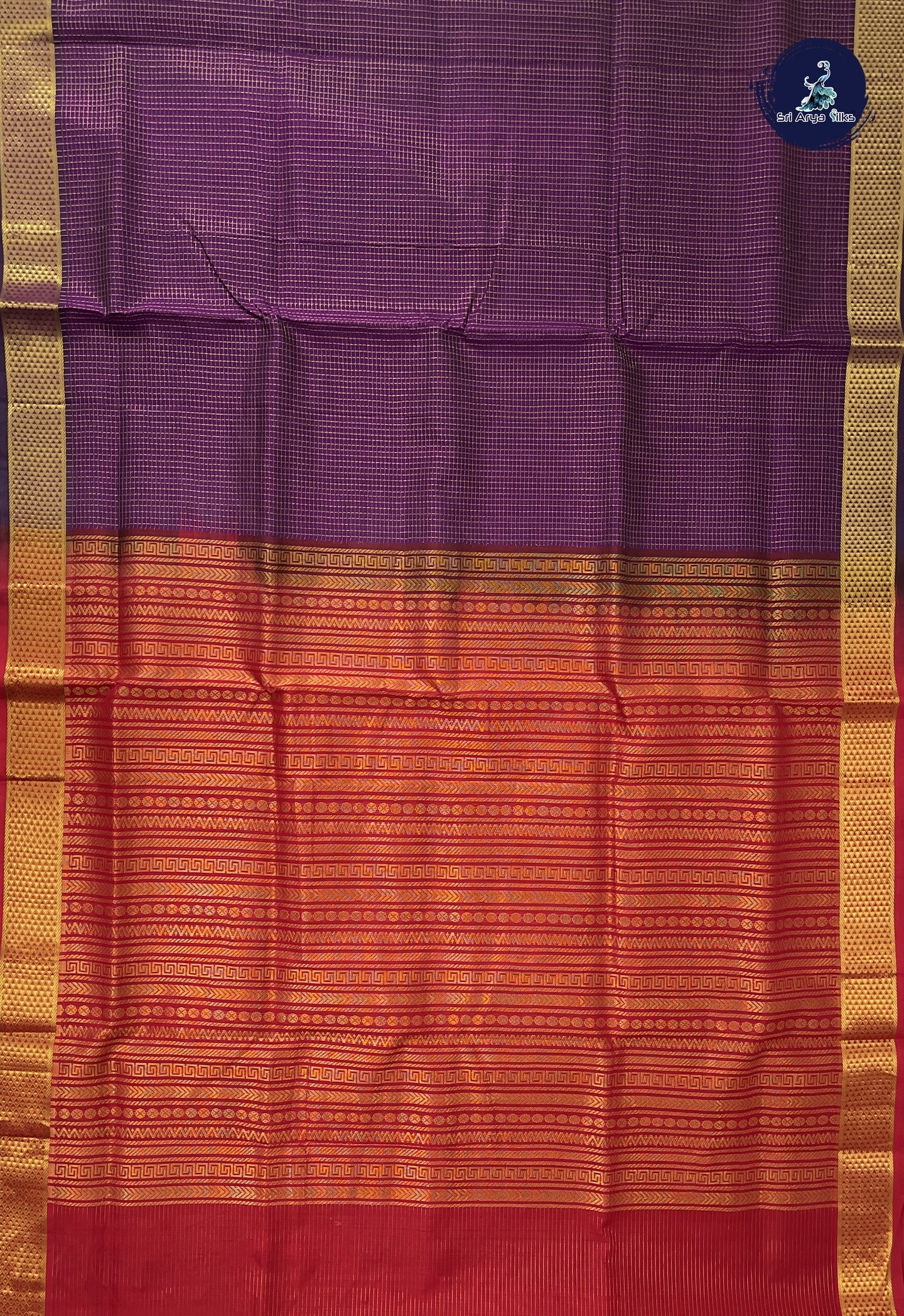 Dark Violet Simple Silk Cotton Saree With Zari Checked Pattern