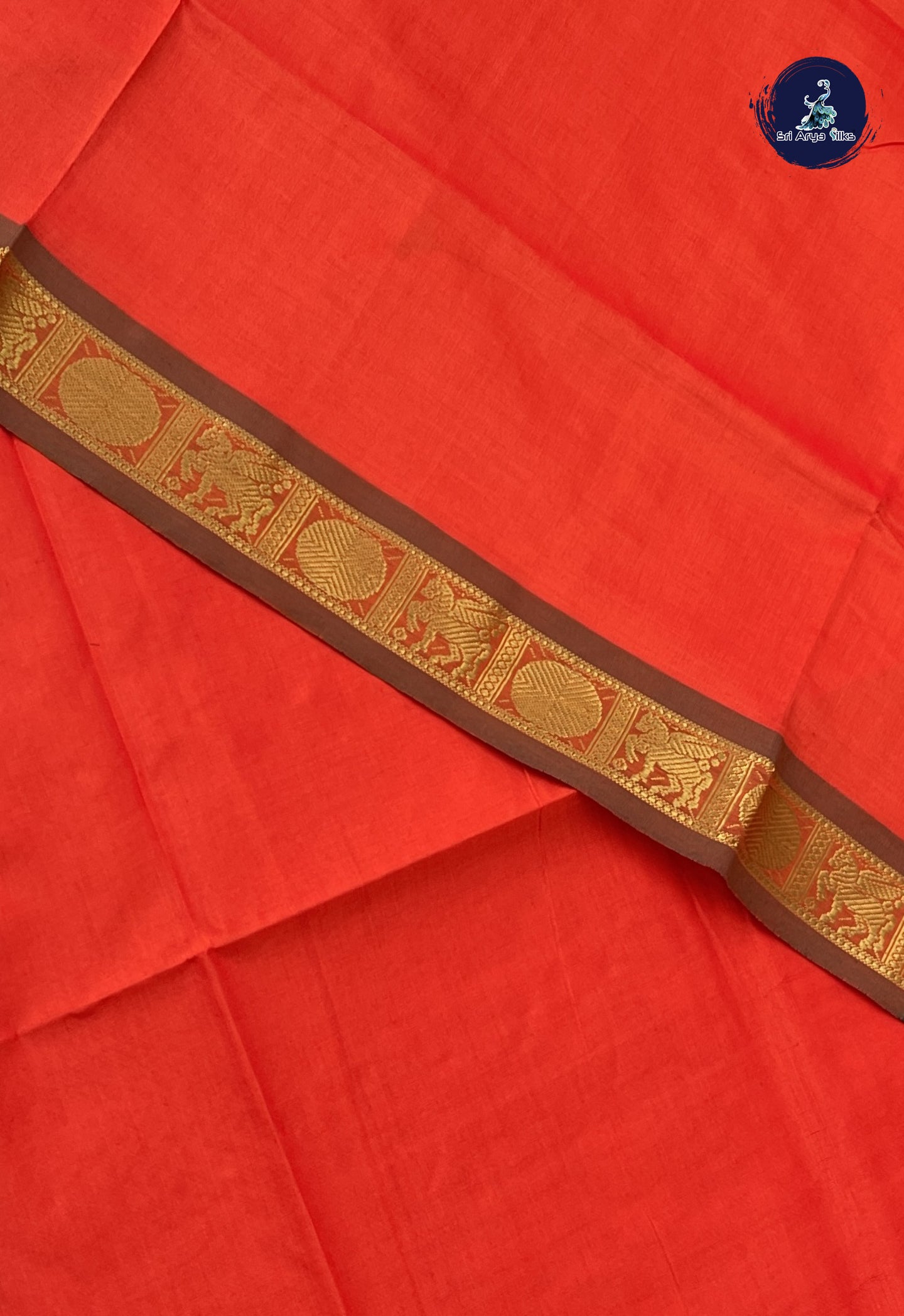 Reddish Orange Semi Silk Cotton Saree With Plain Pattern