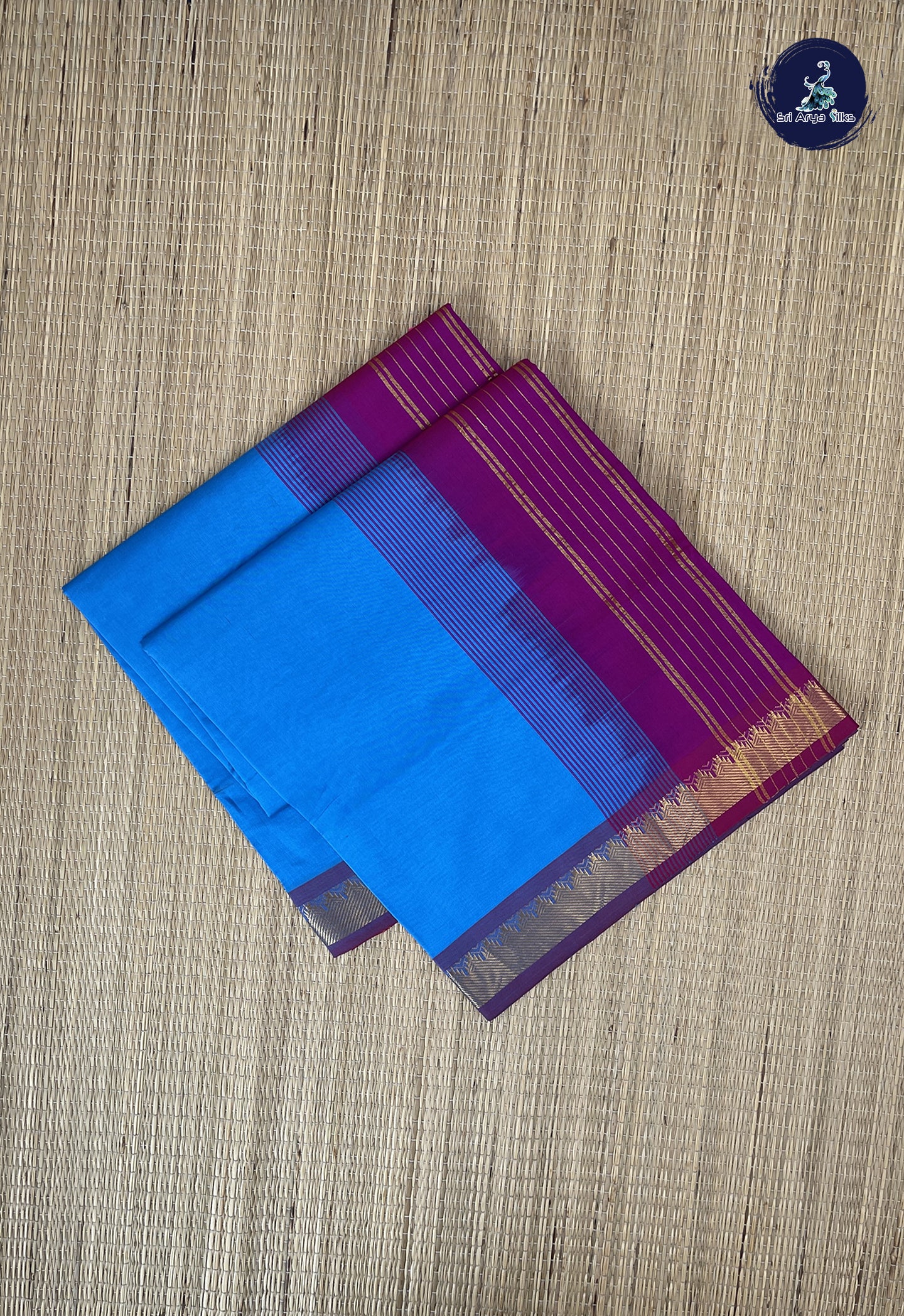 Copper Sulphate Blue Semi Silk Cotton Saree With Plain Pattern
