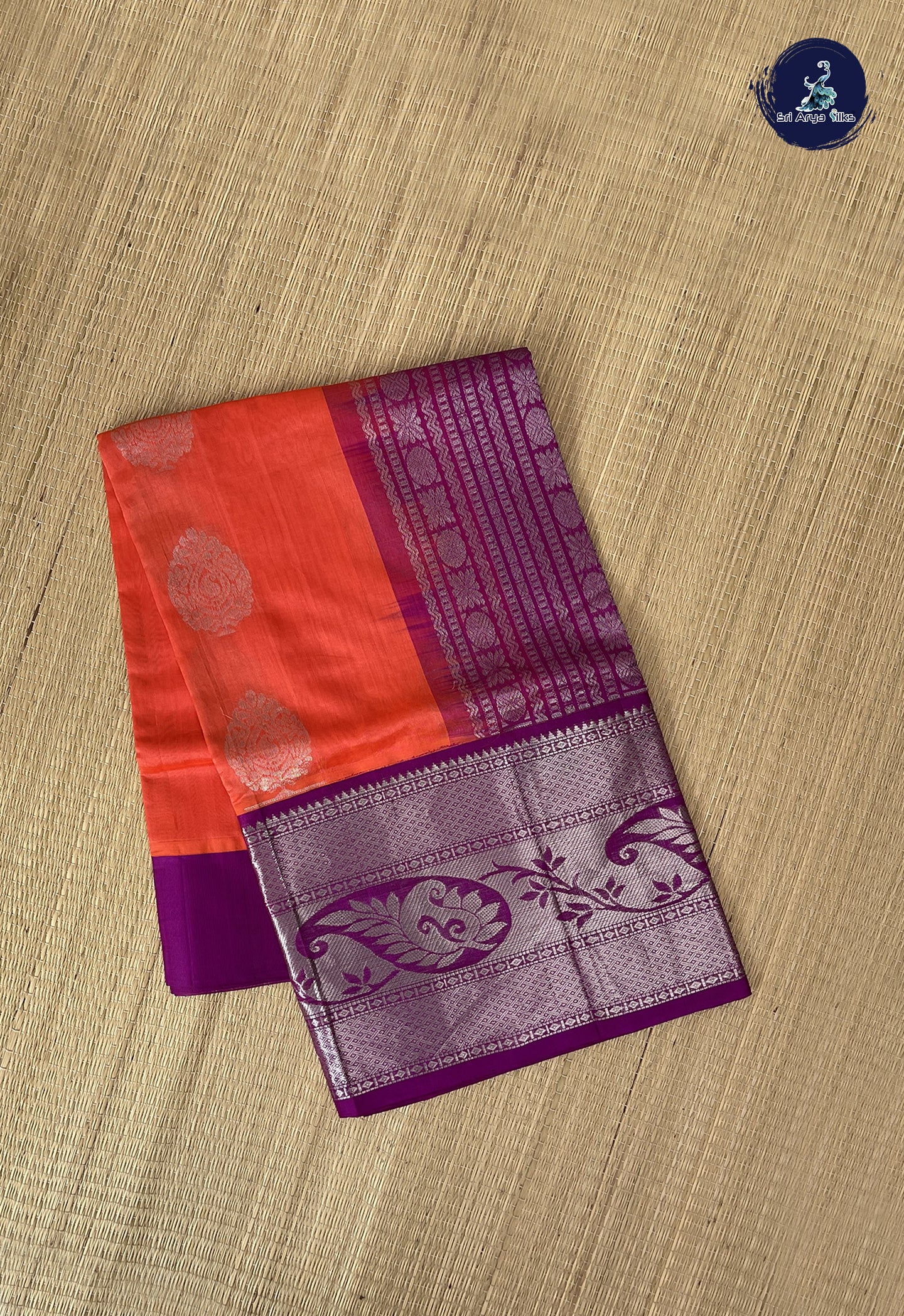Orange Korvai Silk Cotton Saree With Zari Buttas Pattern