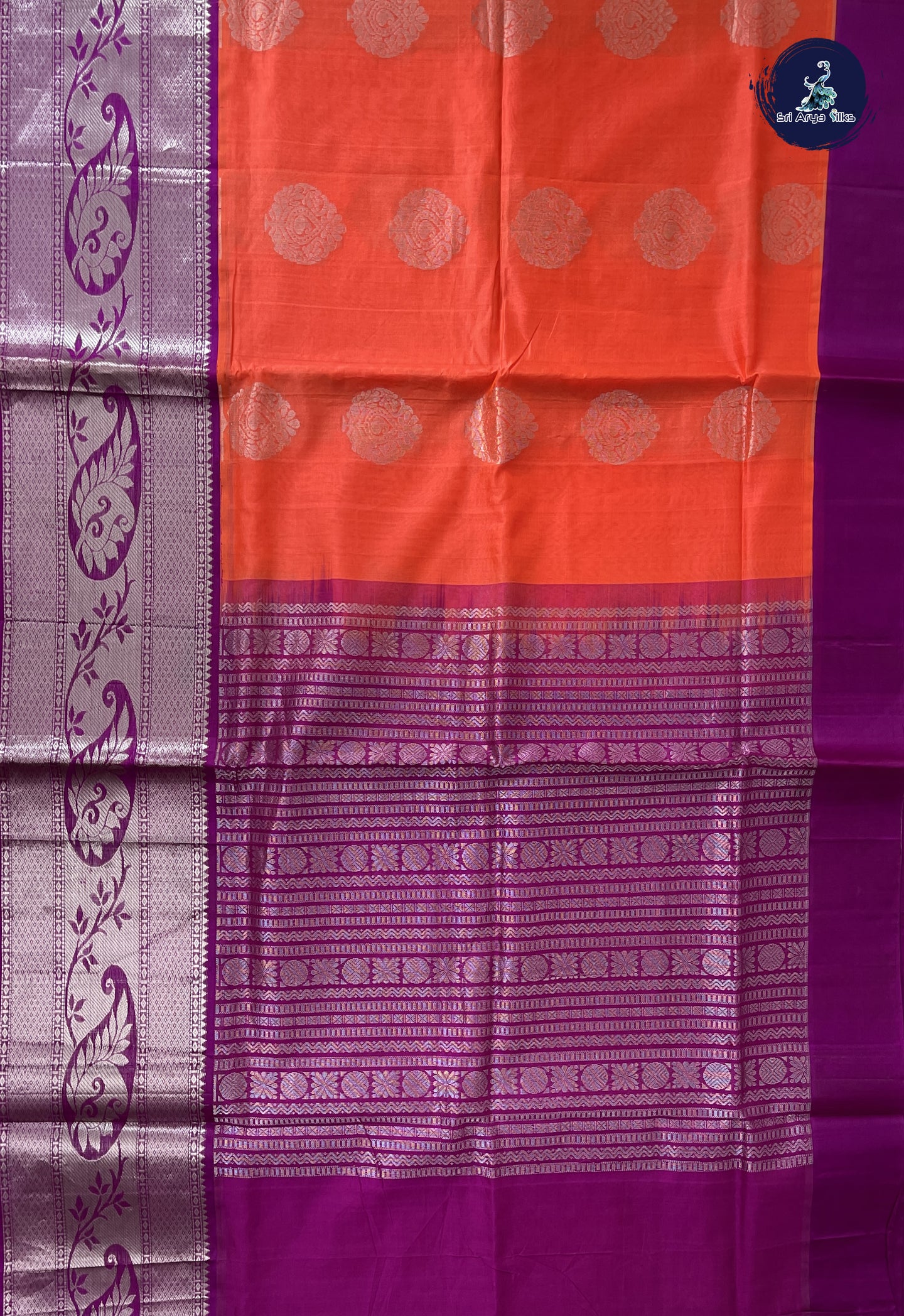Orange Korvai Silk Cotton Saree With Zari Buttas Pattern