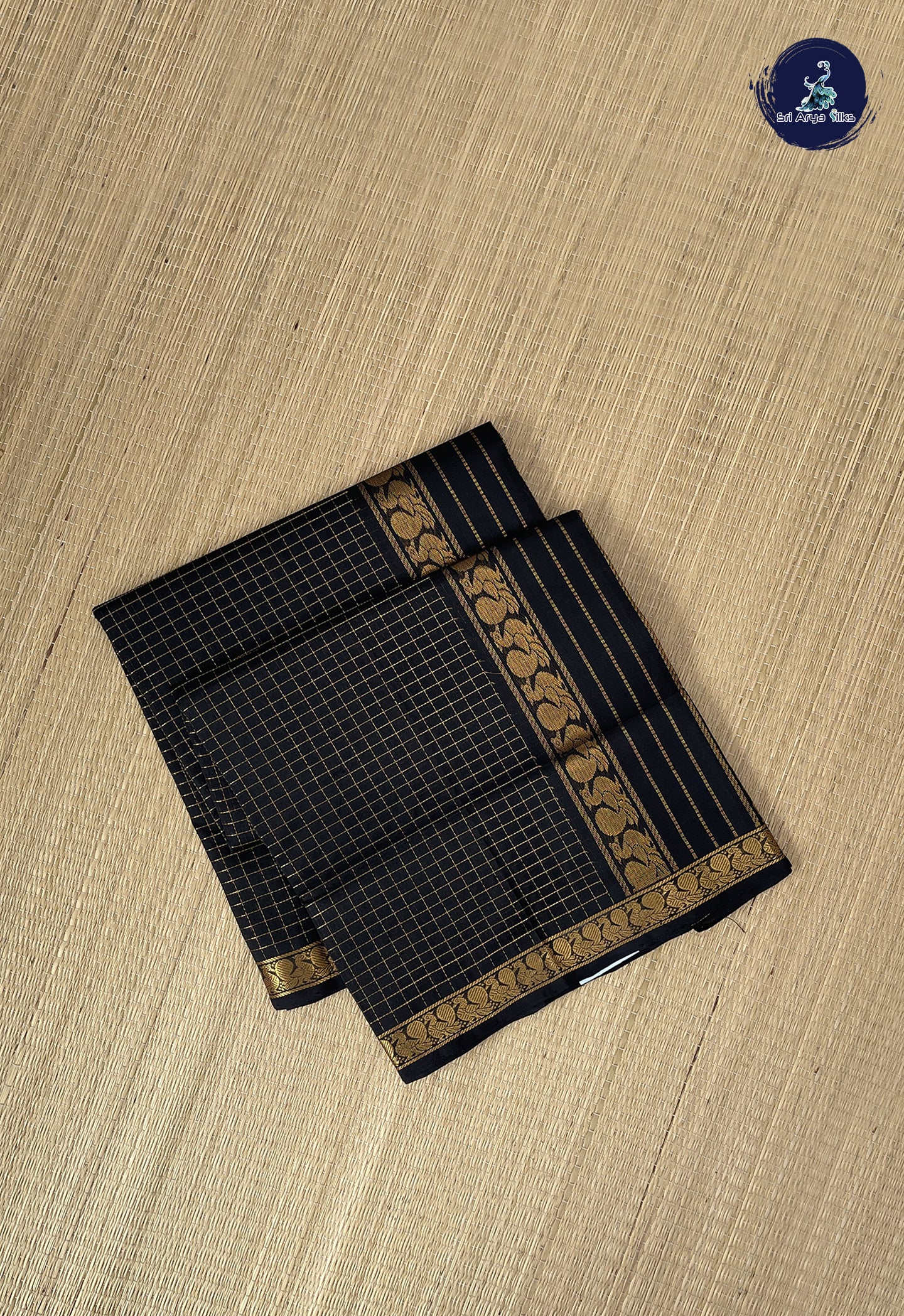 Black Simple Silk Cotton Saree With Zari Checked Pattern
