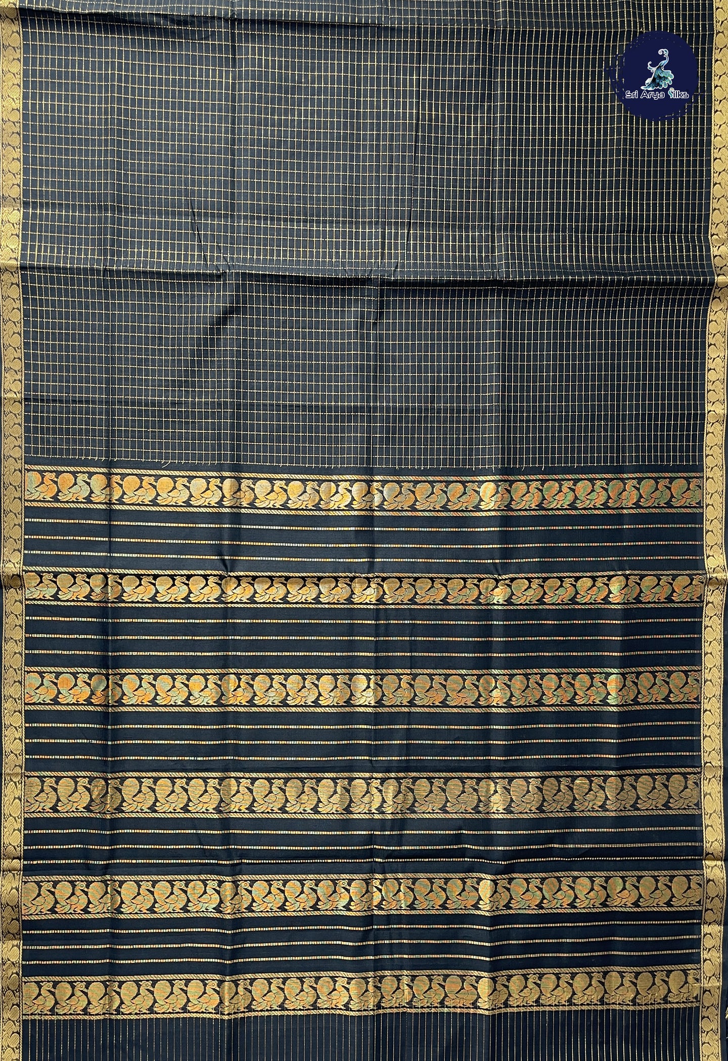 Black Simple Silk Cotton Saree With Zari Checked Pattern