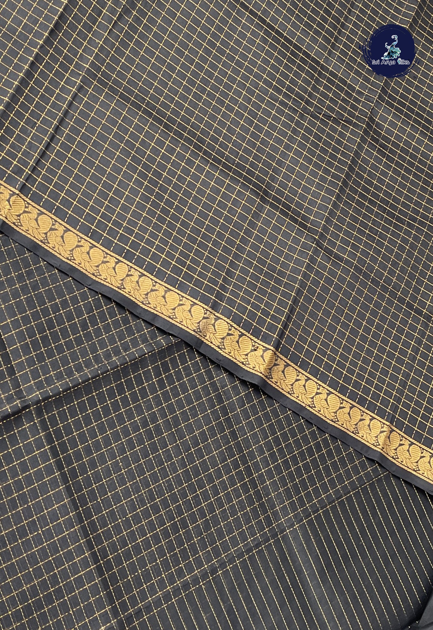 Black Simple Silk Cotton Saree With Zari Checked Pattern