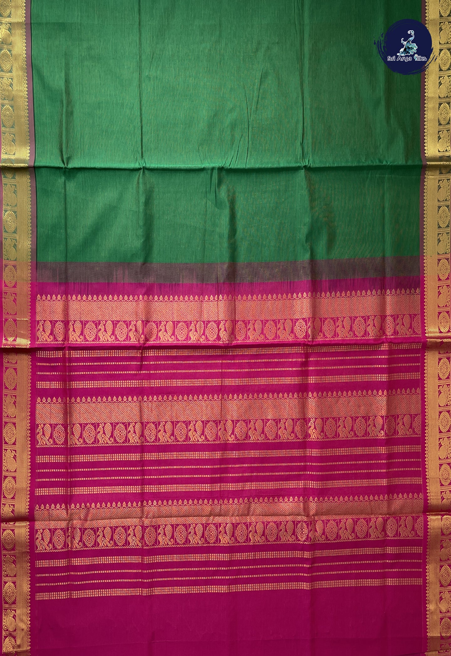 Dark Green Semi Silk Cotton Saree With Vaira Oosi Pattern