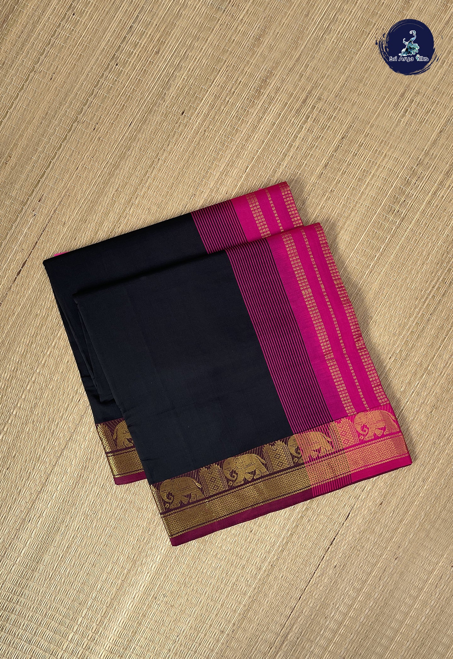 Black Semi Silk Cotton Saree With Plain Pattern