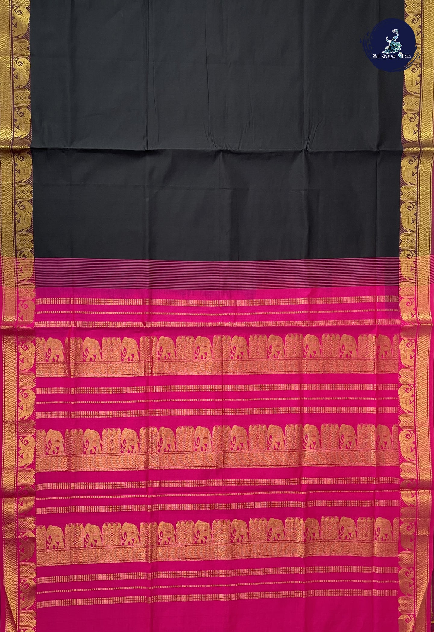 Black Semi Silk Cotton Saree With Plain Pattern
