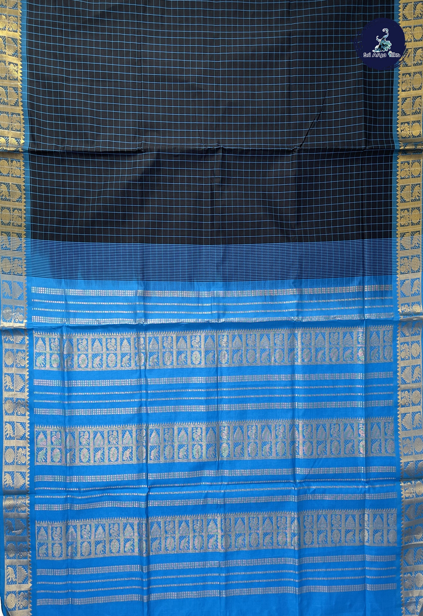 Black Semi Silk Cotton Saree With Checked Pattern