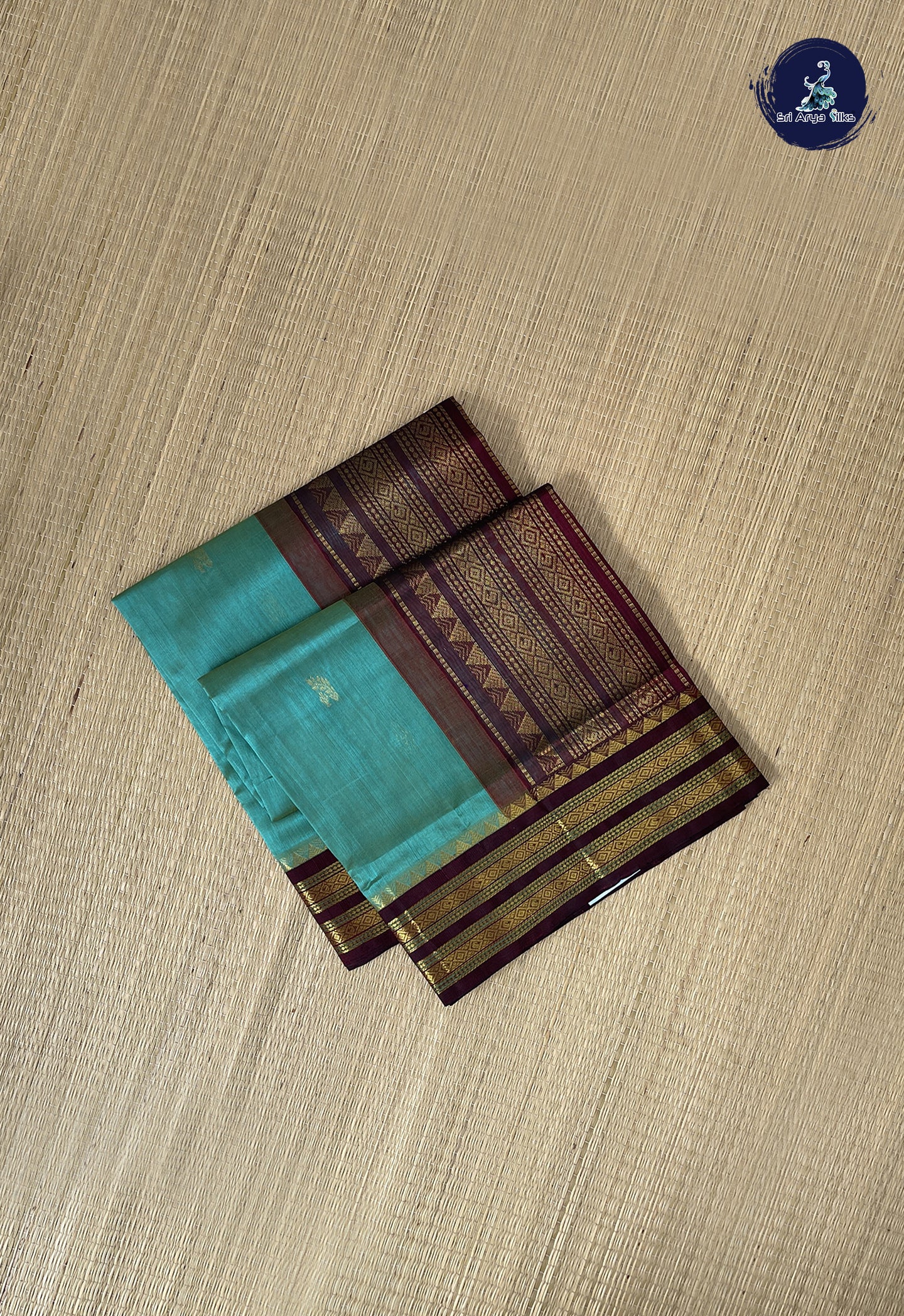 Teal Korvai Silk Cotton Saree With Zari Buttas Pattern