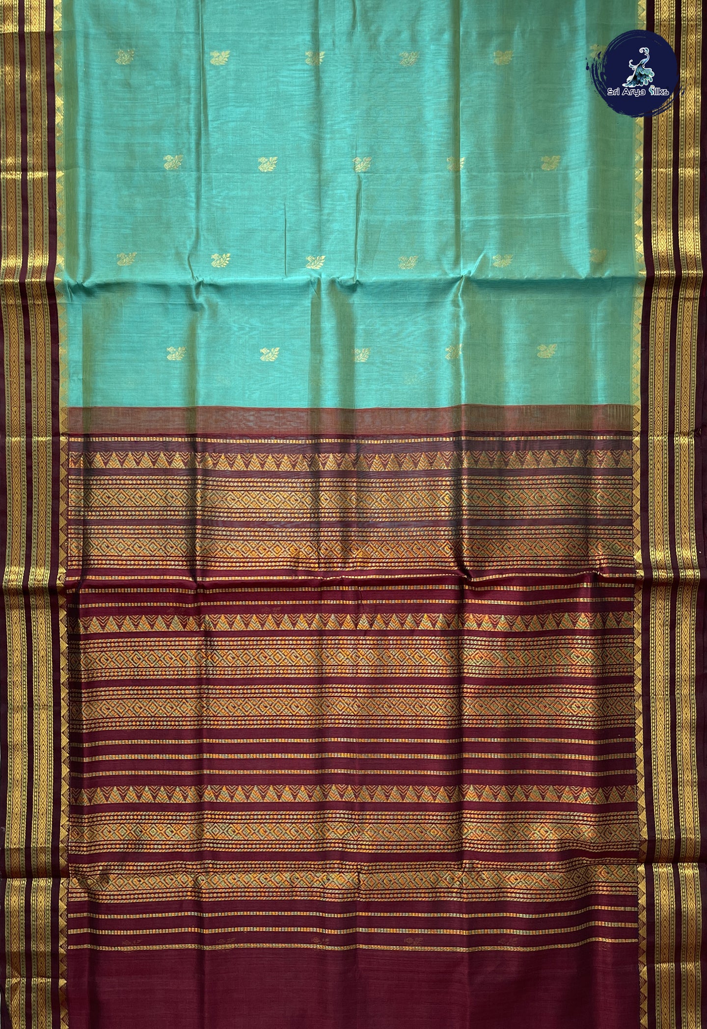Teal Korvai Silk Cotton Saree With Zari Buttas Pattern