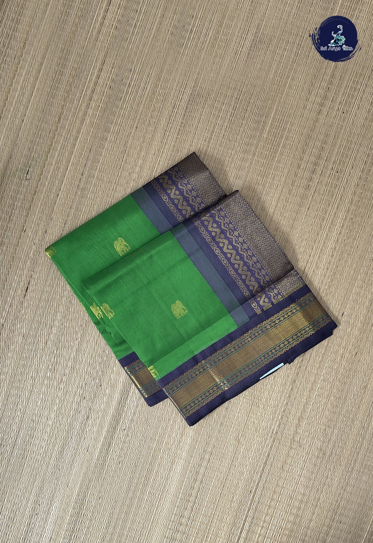 Parrot Green Korvai Silk Cotton Saree With Zari Buttas Pattern