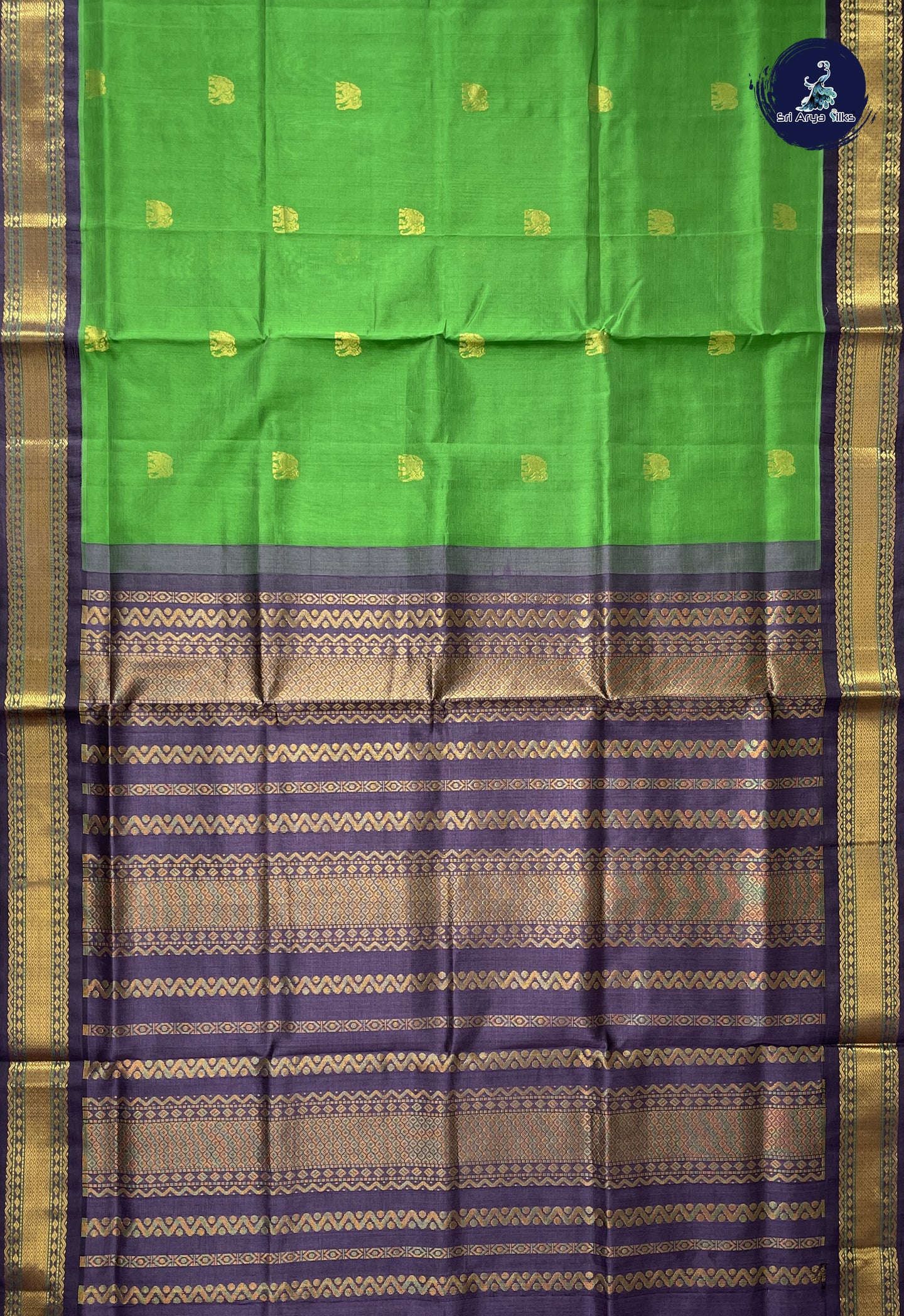 Parrot Green Korvai Silk Cotton Saree With Zari Buttas Pattern