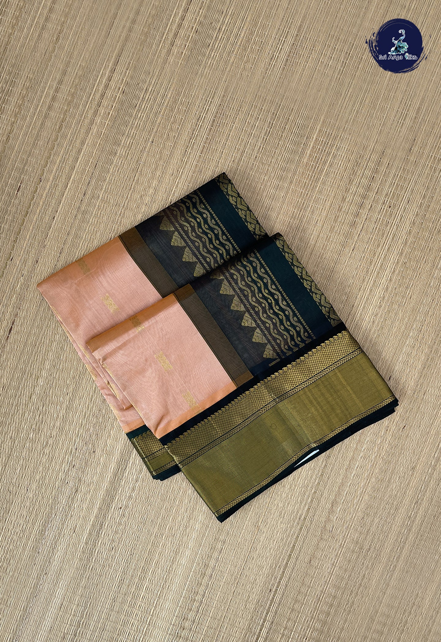 Peach Korvai Silk Cotton Saree With Zari Buttas Pattern
