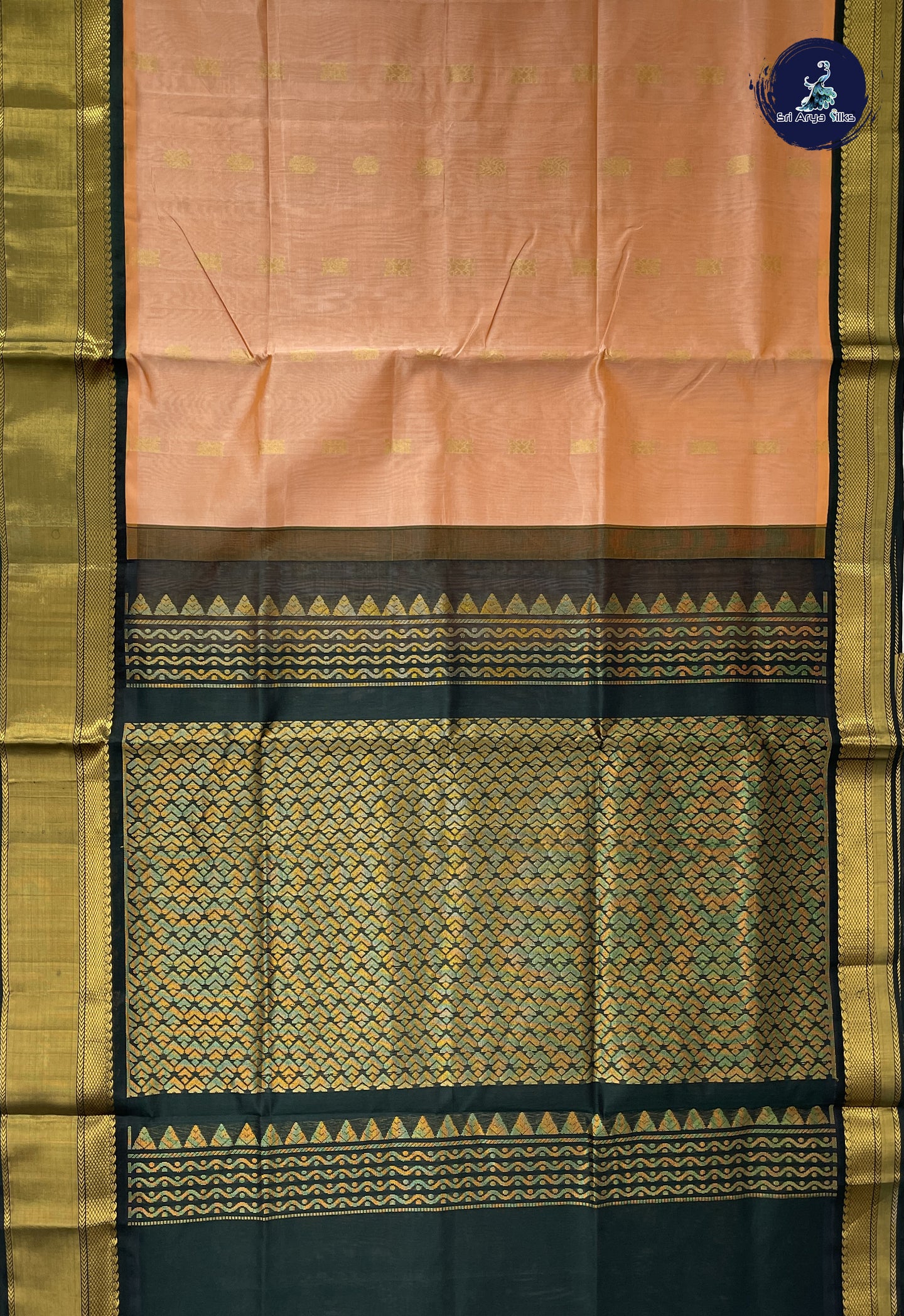 Peach Korvai Silk Cotton Saree With Zari Buttas Pattern