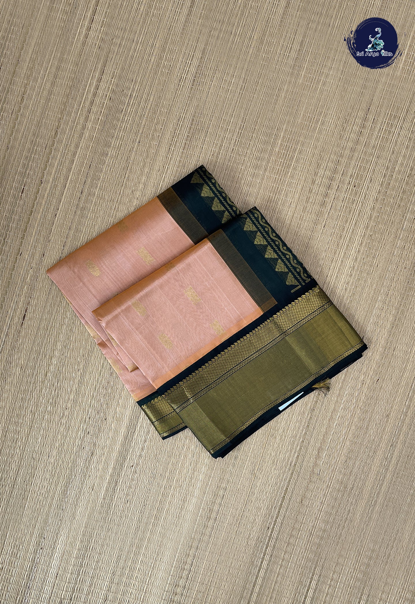 Peach Korvai Silk Cotton Saree With Zari Buttas Pattern