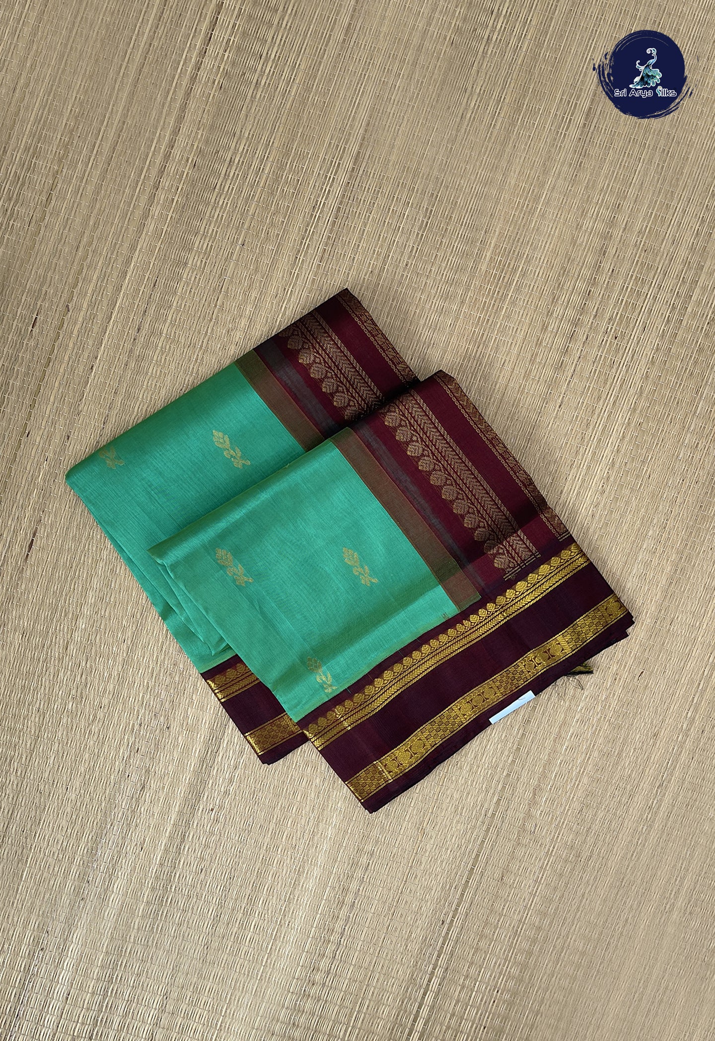 Sea Green Korvai Silk Cotton Saree With Zari Buttas Pattern
