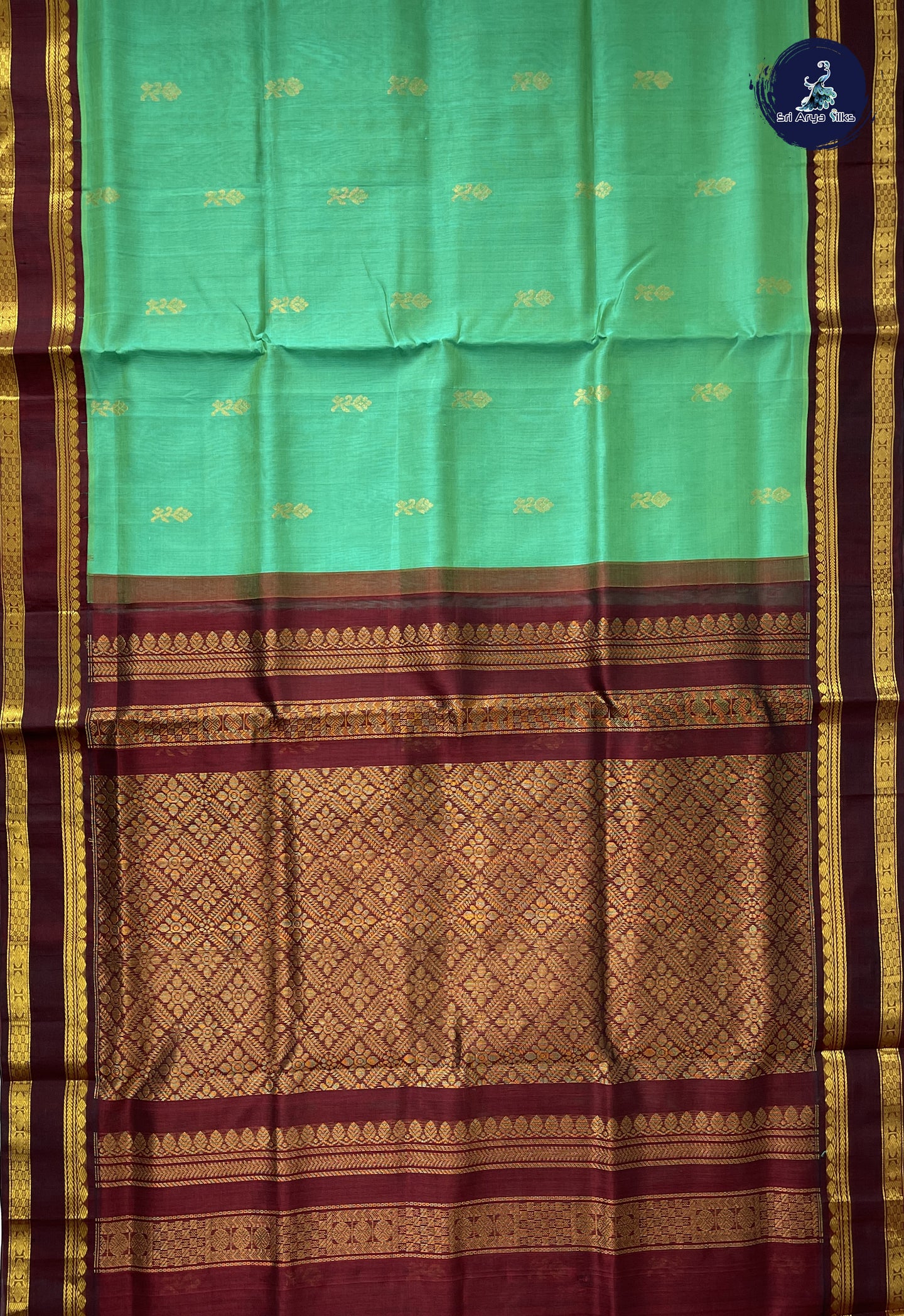 Sea Green Korvai Silk Cotton Saree With Zari Buttas Pattern