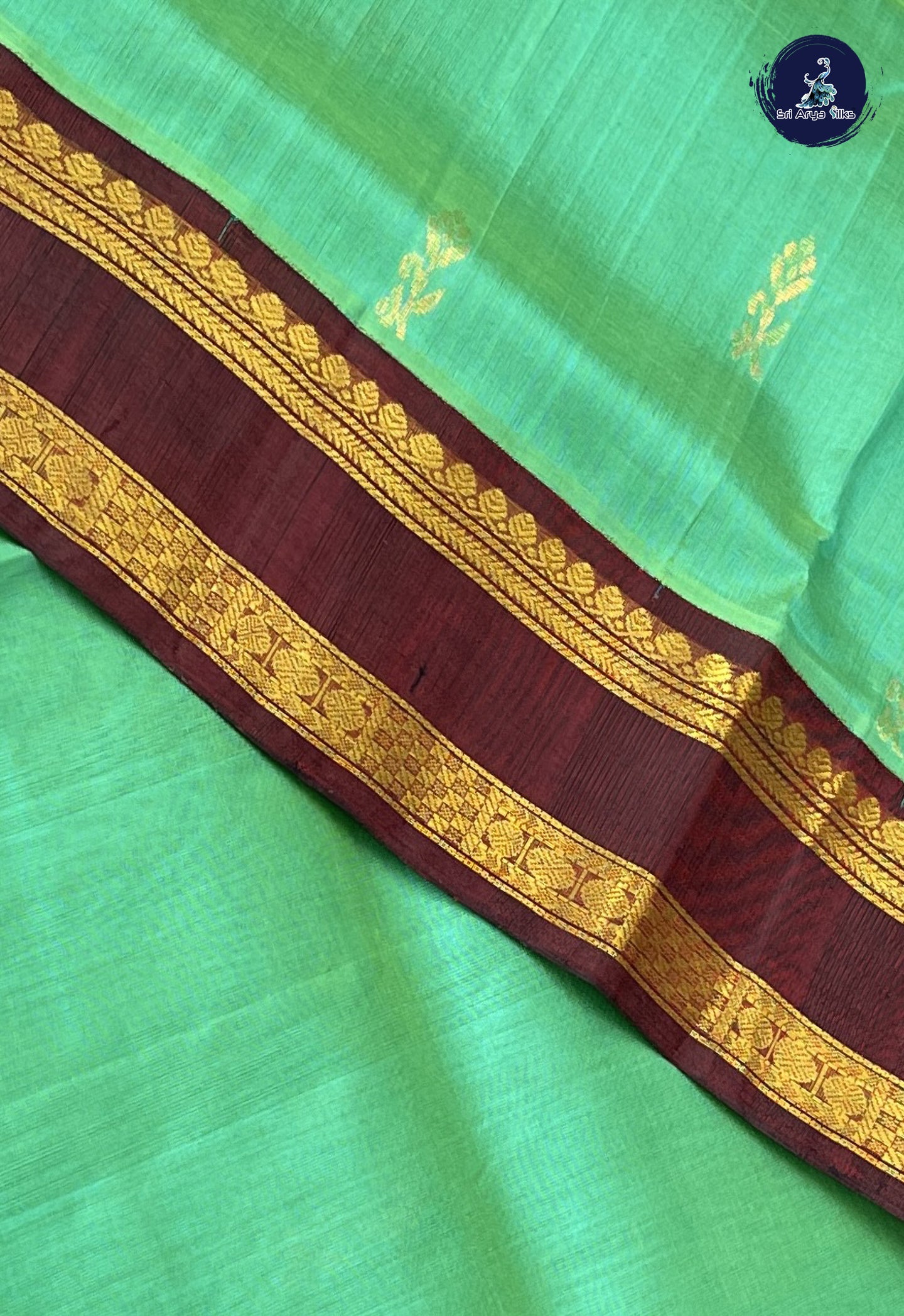 Sea Green Korvai Silk Cotton Saree With Zari Buttas Pattern