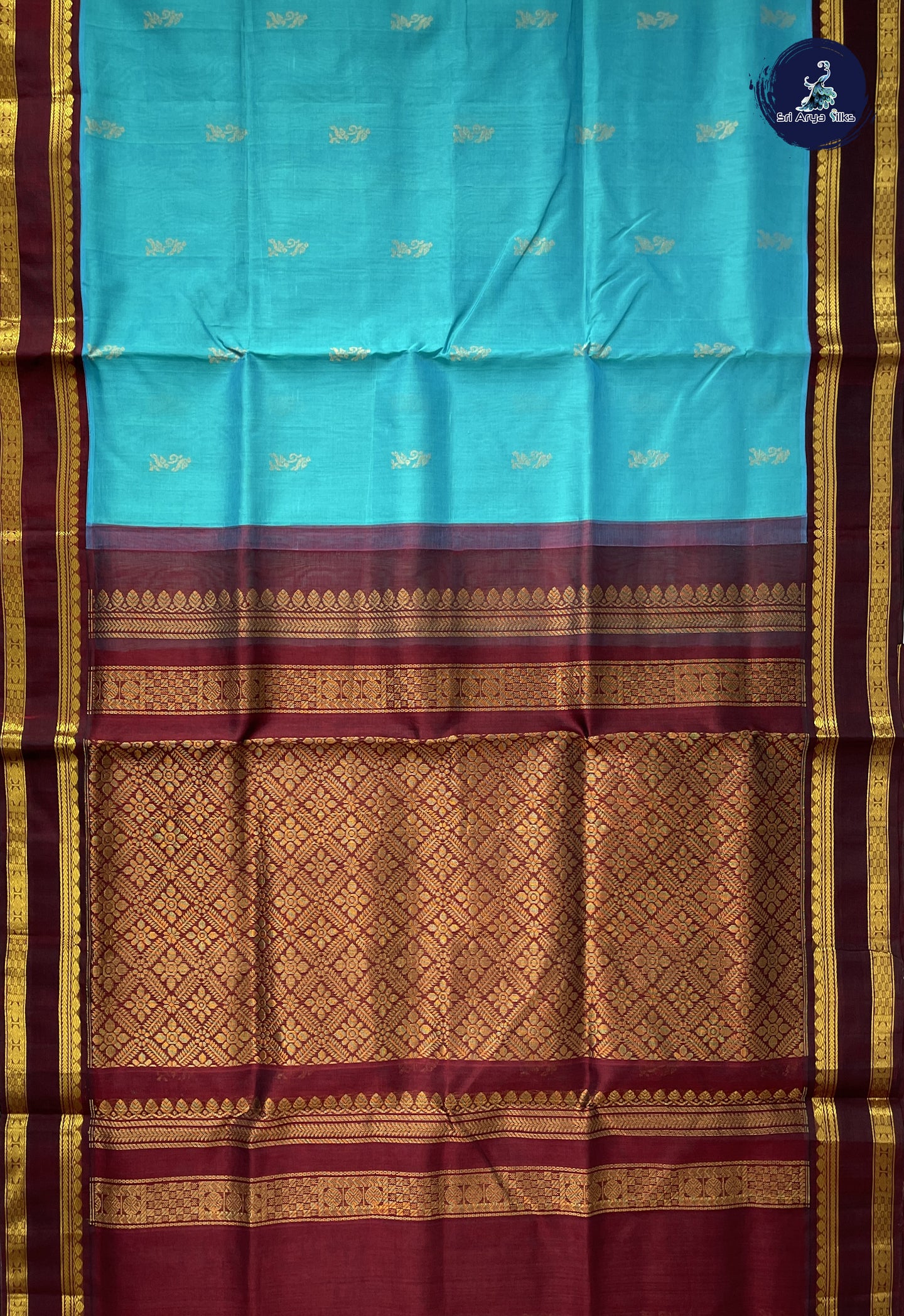 Light Blue Korvai Silk Cotton Saree With Zari Buttas Pattern