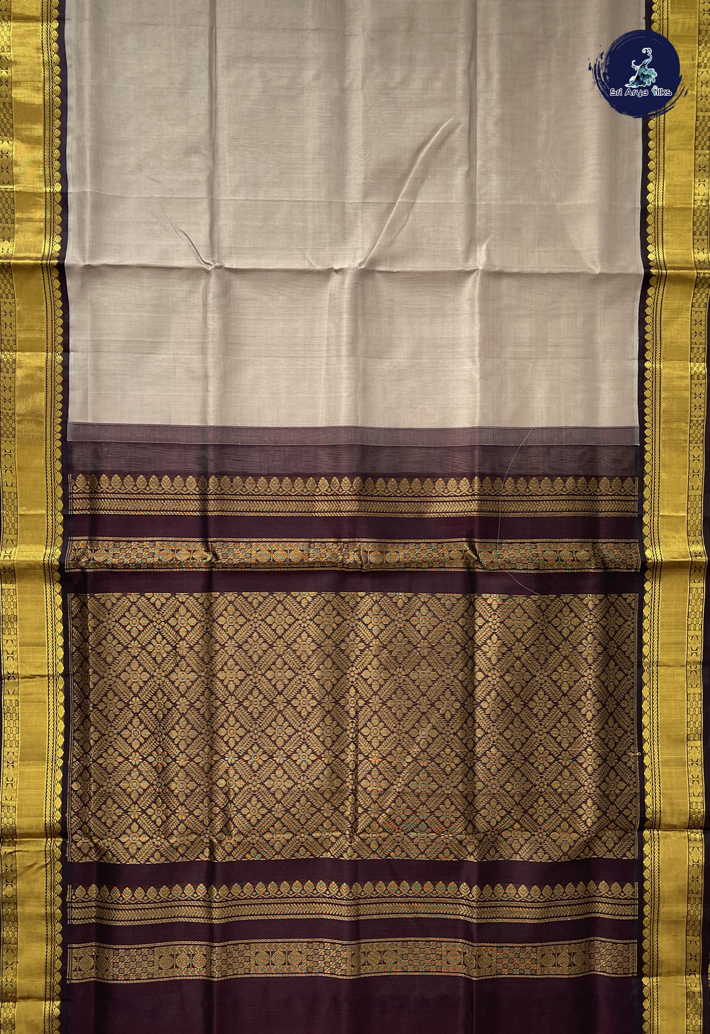 Grey Korvai Silk Cotton Saree With Plain Pattern