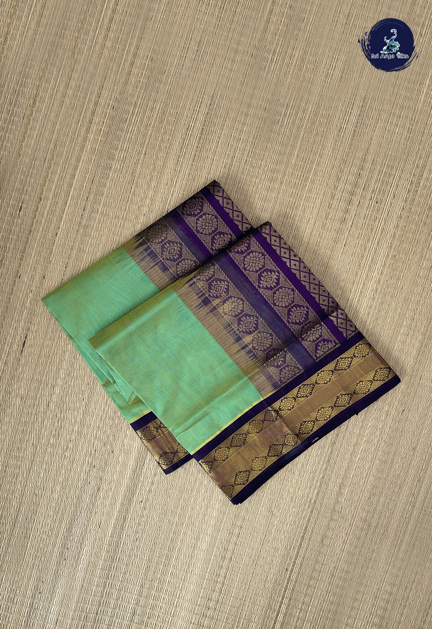 Light Green Korvai Silk Cotton Saree With Plain Pattern
