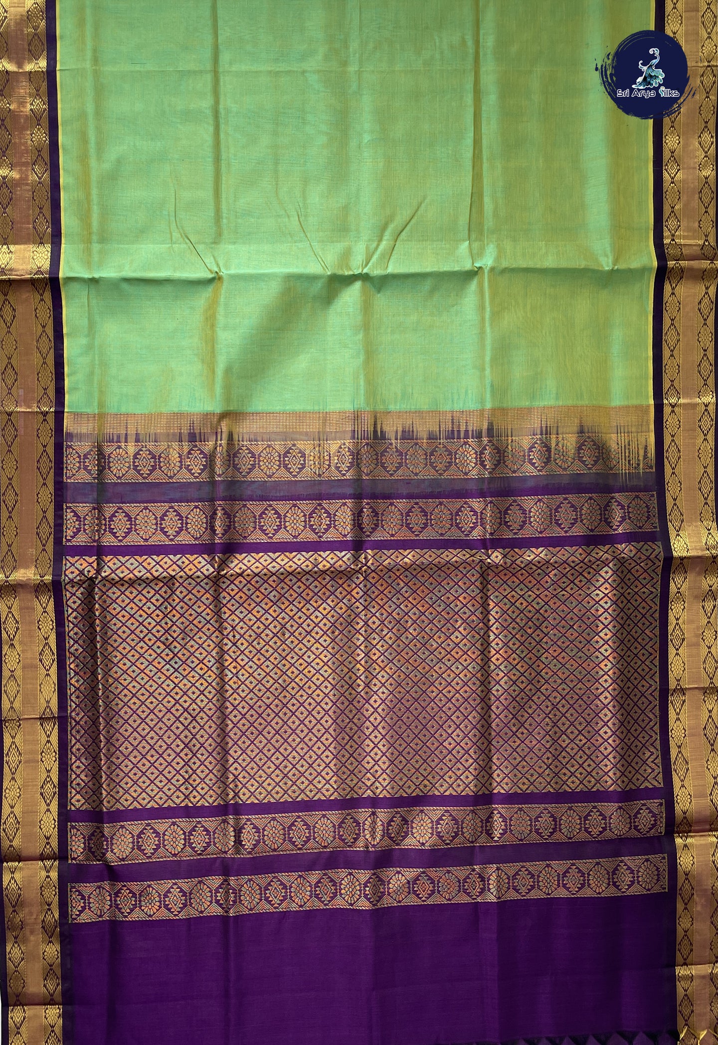 Light Green Korvai Silk Cotton Saree With Plain Pattern