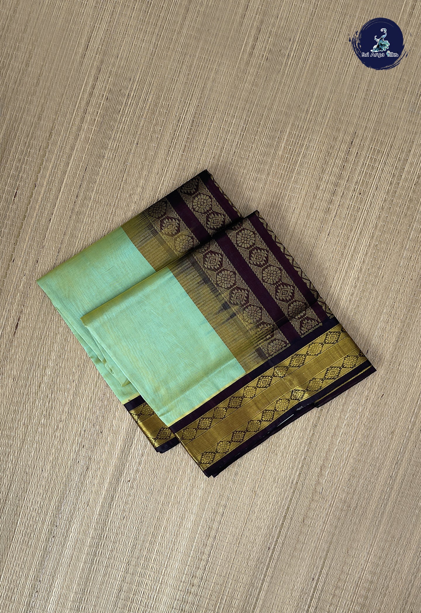 Pastel Green Korvai Silk Cotton Saree With Plain Pattern