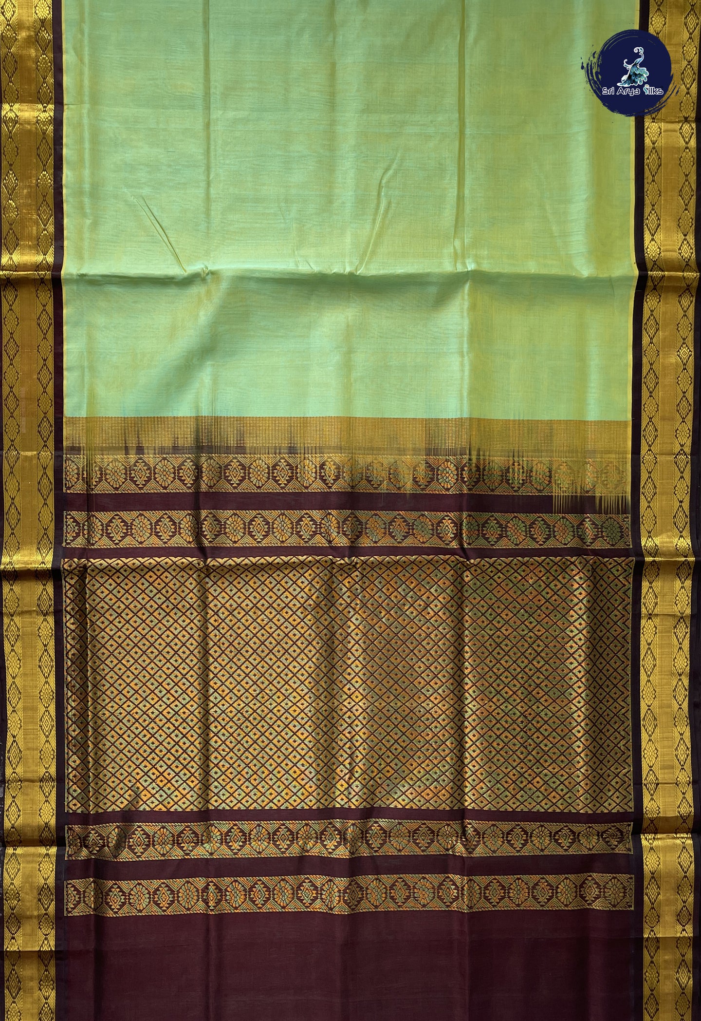 Pastel Green Korvai Silk Cotton Saree With Plain Pattern