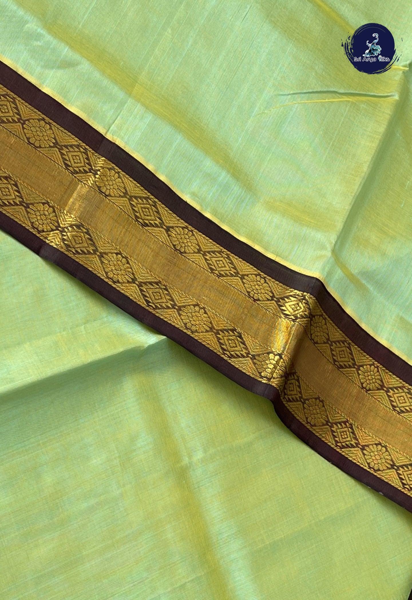Pastel Green Korvai Silk Cotton Saree With Plain Pattern